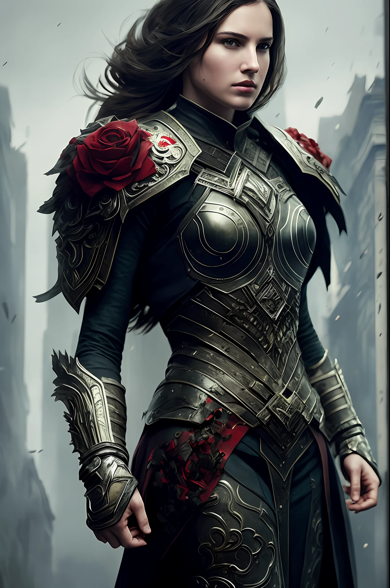 1 girl, full body, walking pose, slow motion, (warrior: 1.2), assassin, woman wearing several layers of full body (heavy metal armor: 1.2), (black and red metal armor with intricate pattern: 1.2), gloves, (insanely detailed, flower: 1.5 ), (high quality, Alessandro Casagrande, Greg Rutkowski, Sally Mann, concept art, 4k), 1.2), (high sharpness), (digital painting: 1.1 ),  Detailed face and eyes, masterpiece, best quality, (highly detailed photo: 1.1), 8k, photorealistic, (straight and long hair, dark hair color, dynamic hairstyle), (pureerosface_v1:0.1), by Jeremy Mann, by Sandra Chevrier, by Maciej Kuciara, sharp, (torn body: 1.1), realistic, real shadow, (dark background), (by Michelangelo), sharp focus, depth of field
