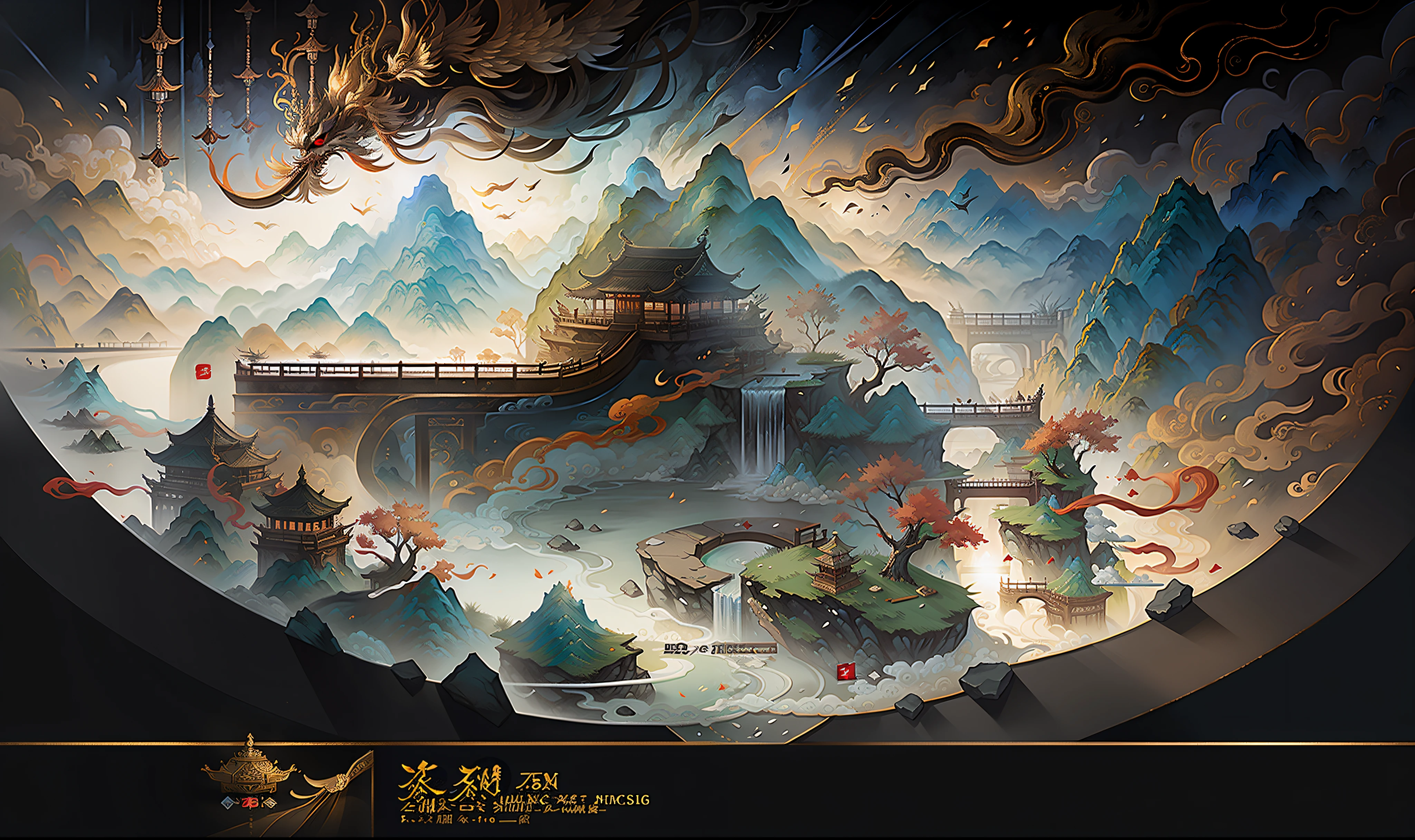 Ancient Chinese landscape, mountains, rivers, auspicious clouds, sunlight, masterpiece, super detail, epic composition, ultra high definition, high quality, extremely detailed, official art, uniform 8k wallpaper, super detail, 32k -- v 6
