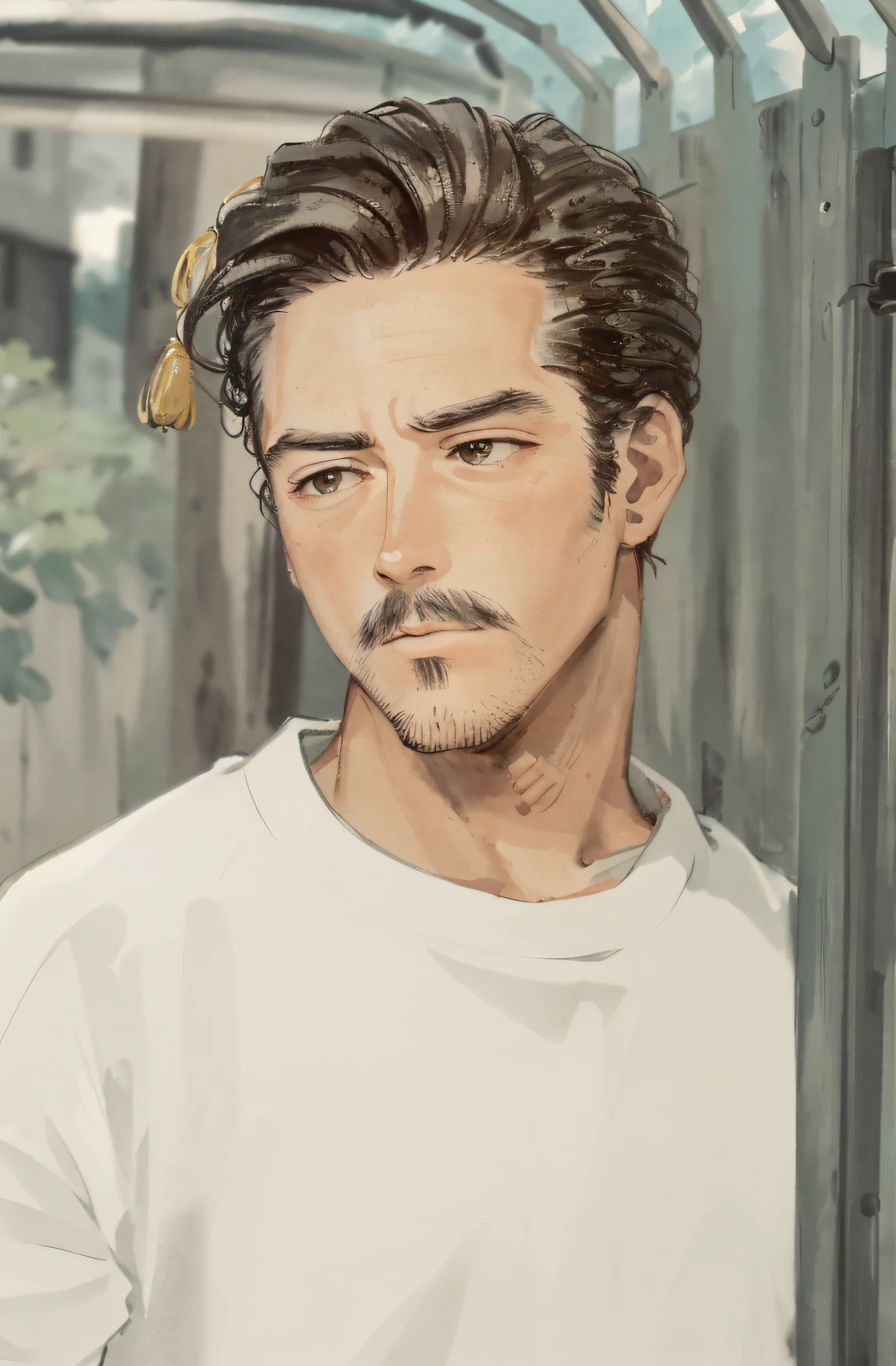 HD, (Best Detail) (Best Quality), There is a man standing by the fence holding a mobile phone, ink painting, (Chinese style), detailed and delicate face, serafuku