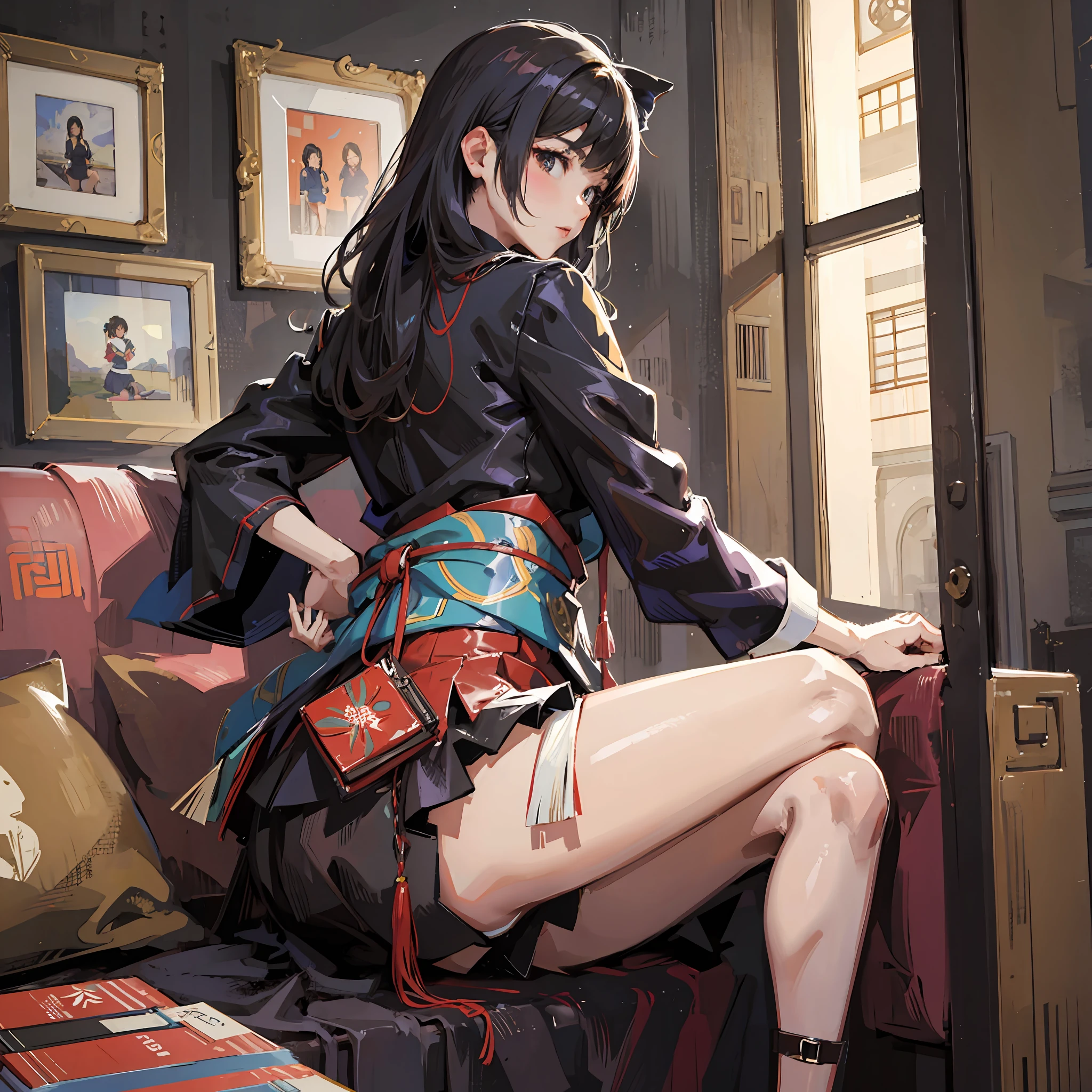 One cute Japan woman in short skirt sitting on sofa, sensual pose, attractive pose, cute elegant pose, very sexy pose, figure seen from behind --auto --s2