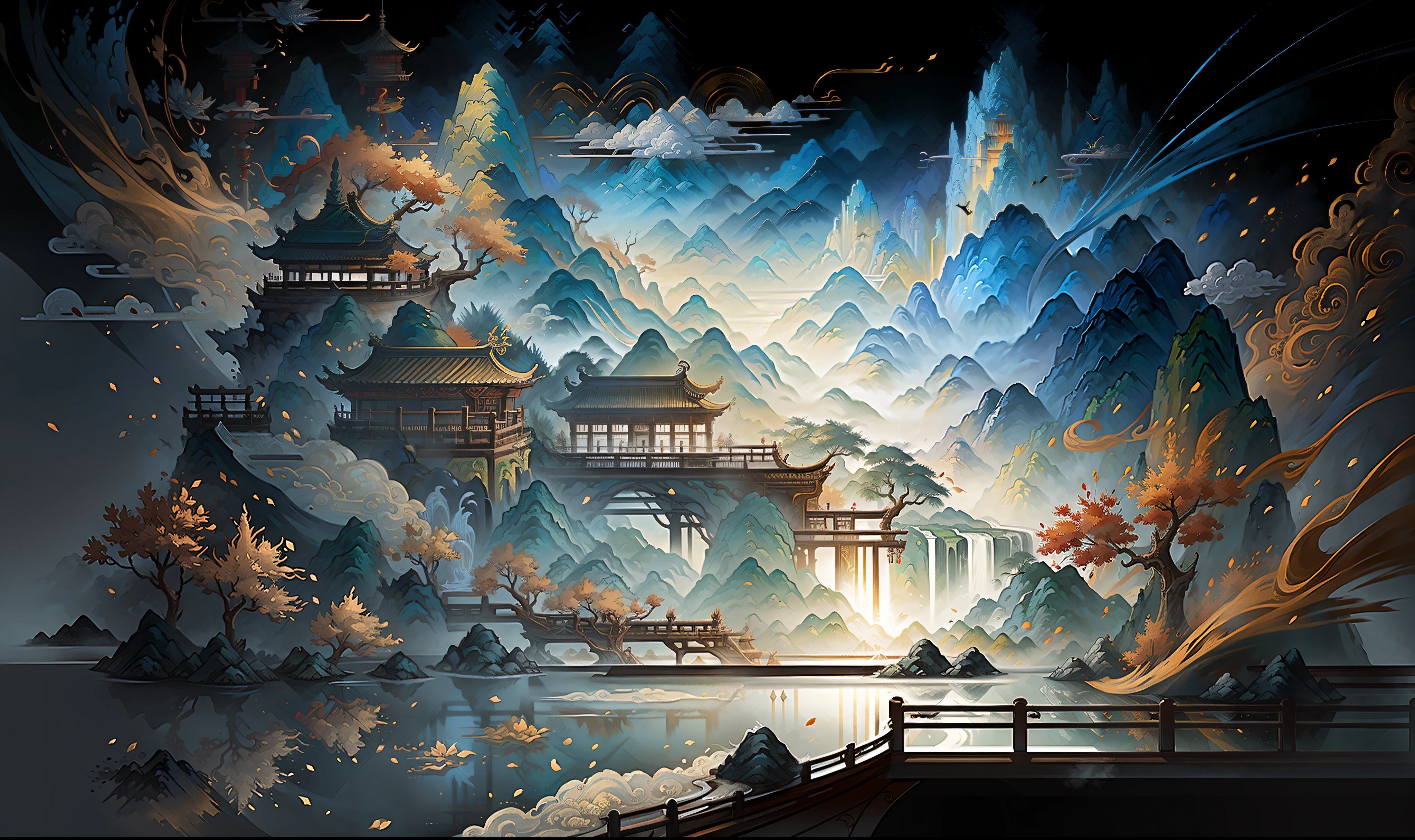 Ancient Chinese landscape, mountains, rivers, auspicious clouds, sunlight, masterpiece, super detail, epic composition, ultra high definition, high quality, extremely detailed, official art, uniform 8k wallpaper, super detail, 32k -- v 6