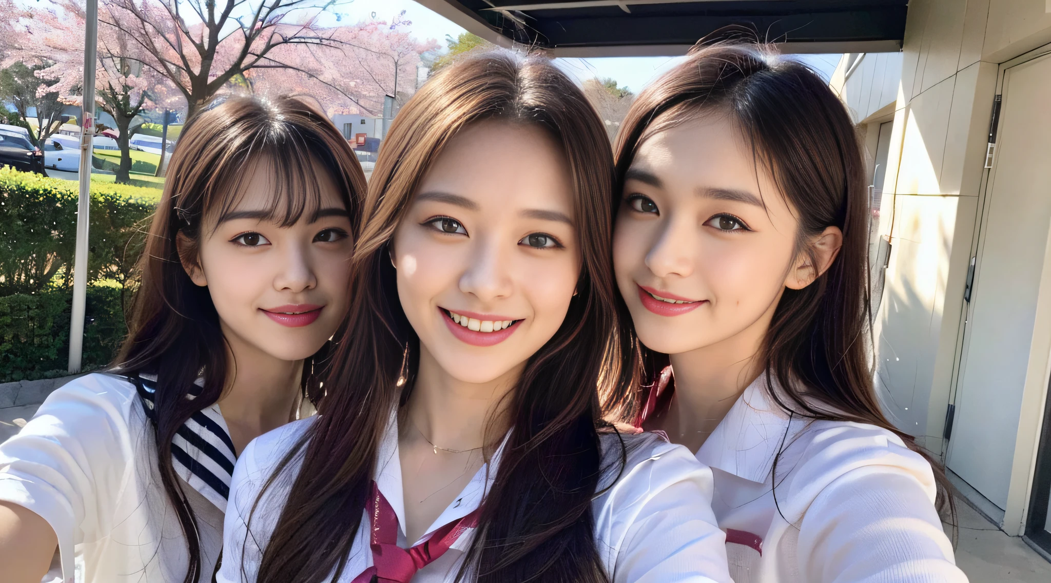 (8k, RAW photo, highest quality, masterpiece: 1.2), super detail, super resolution, (realistic, real photo: 1.37), (photorealistic: 1.6), portrait, high resolution RAW color photo, professional photo, very detailed and beautiful, real light (schoolgirl throwing kiss) real light, throwing kiss on camera (throwing kiss), beautiful view mixed with light, Cherry blossoms are dancing, cherry blossom blizzard, cherry blossoms are dancing around the female proofreader, female proofreader is pointing her finger at me, cute pose, throwing kiss. Super high image quality, 8k wallpaper, amazing cute smile, transcendent cute face, amazing details, red scarf, very detailed beautiful girls, different pattern faces, various hairstyles, one is a ponytail, modern cute schoolgirl, very detailed face very detailed eyes, very realistic skin, very detailed fingers, very detailed nose, very detailed mouth, perfect anatomy, very detailed sailor suit, Very detailed background,after school,. Smiling faces, fun spreads in the hallway, long straight hair, (dull bangs: 1.2), , schoolgirl youth Celebrity-level cuteness , (pink eye shadow)