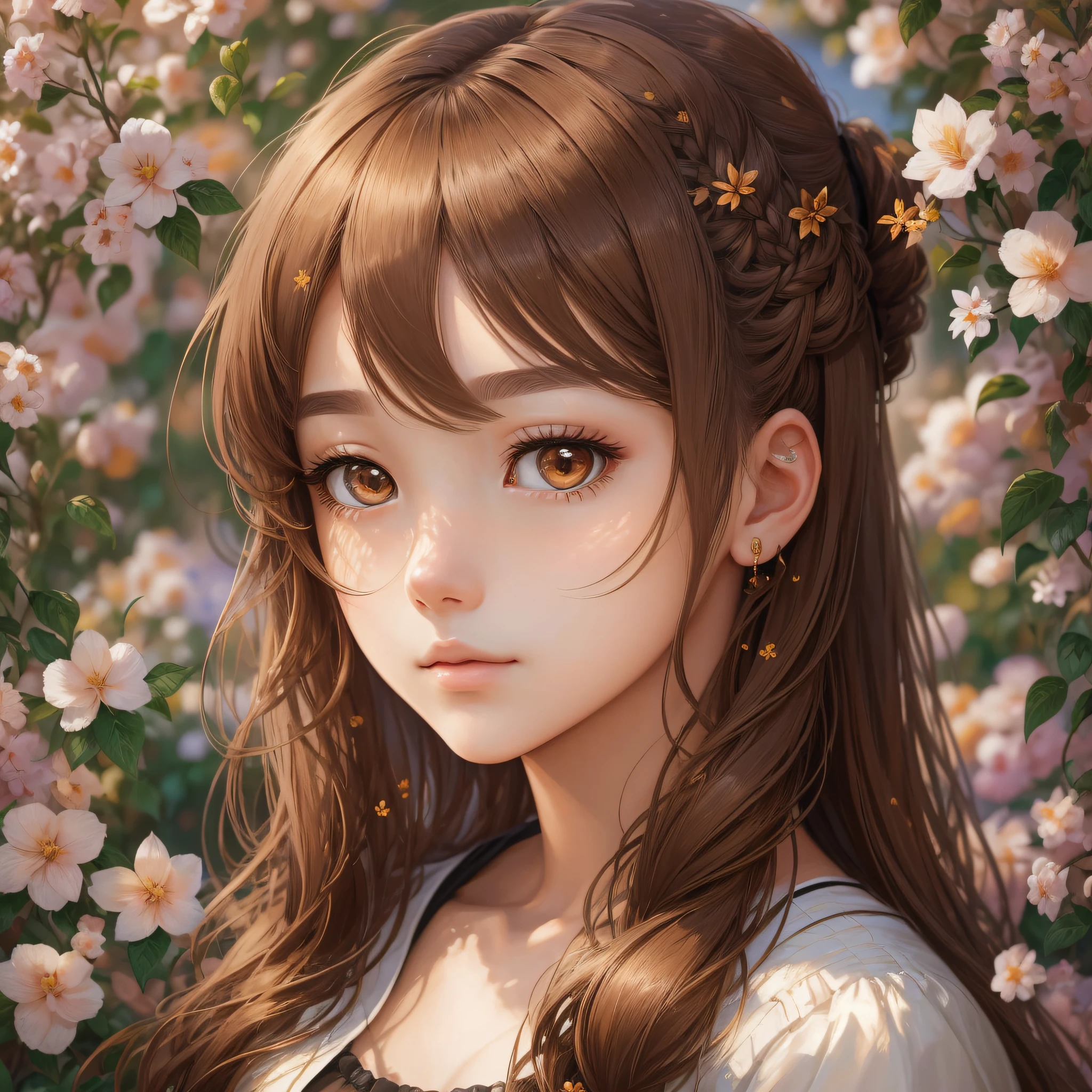 masterpiece,high quality,twin-tailed brown hairstyle,garden of the sun,one woman,degital painting of girl,face close-up,frontal,intelligent,high resolution,modern girl --auto --s2