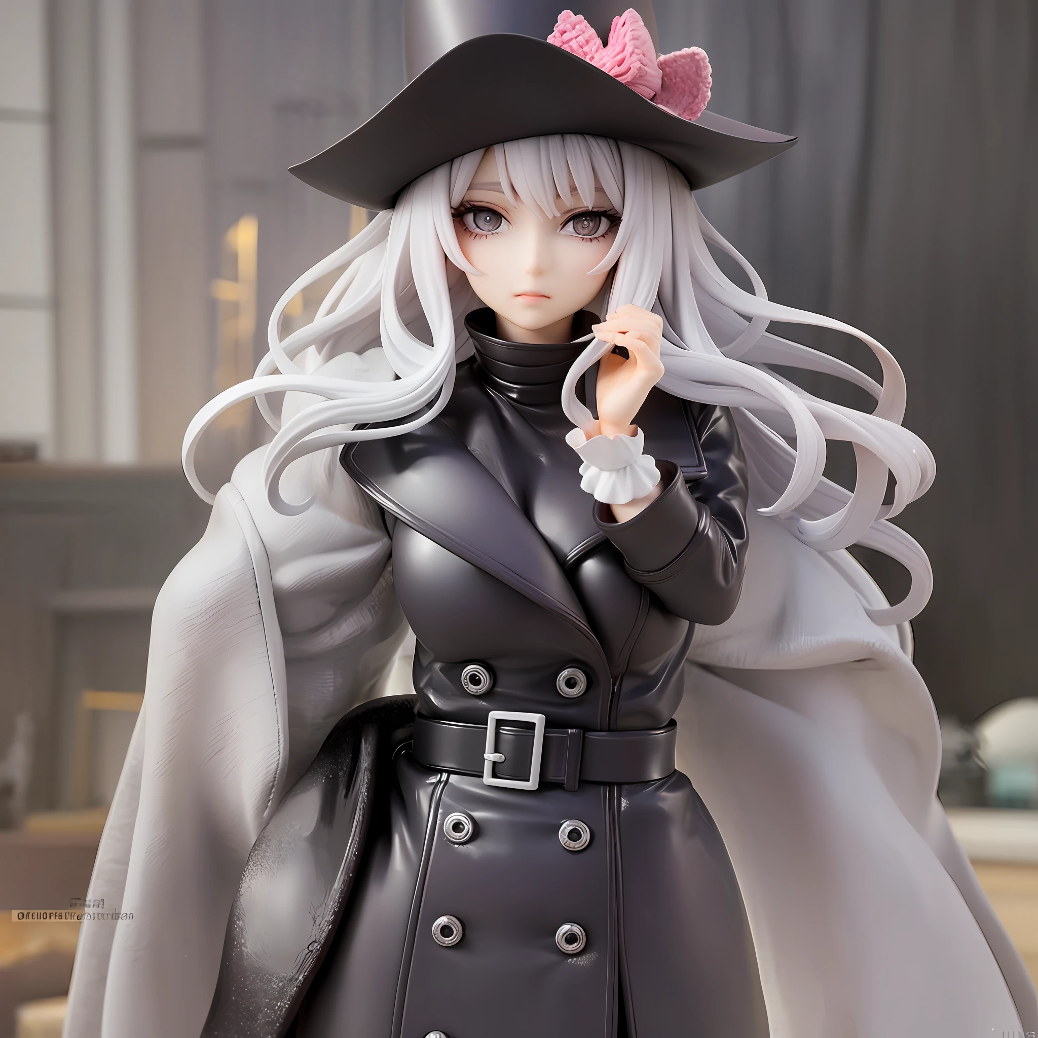 girl, white hair, wavy medium hair, beautiful silver eyes, black trench coat, black hat, smoking cigarette, sharp eyes, outside, at night