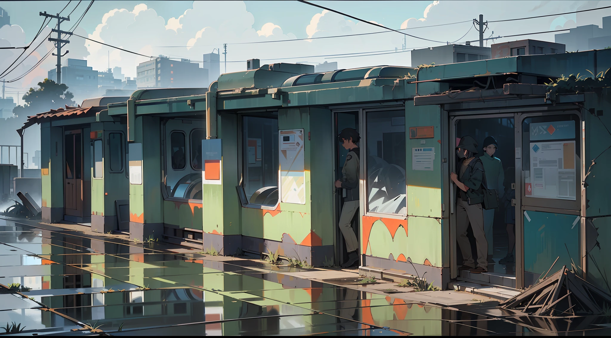 (masterpiece), (symmetrical framing),(low horizon line), (very dark environment),(suspense feeling),(((very contrasting shadows))),(main color: blue-gray),(secondary color:dark khaki green),(modern buildings of gray cement), ((metro rails)), image of an abandoned western style metro exterior landscape of the 80s, red brick wall, graffiti on the walls, cracks, metal cabin, bright sheets, small puddle of water reflecting the environment, lots of dirt on the ground, wiring, the dark silhouette of a city in the background, ((very dark closed night)), ((dense fog)), volume smoke, dim yellow bulb light, ((cloudy night sky)), reflection of yellowish city light in the clouds, pollution