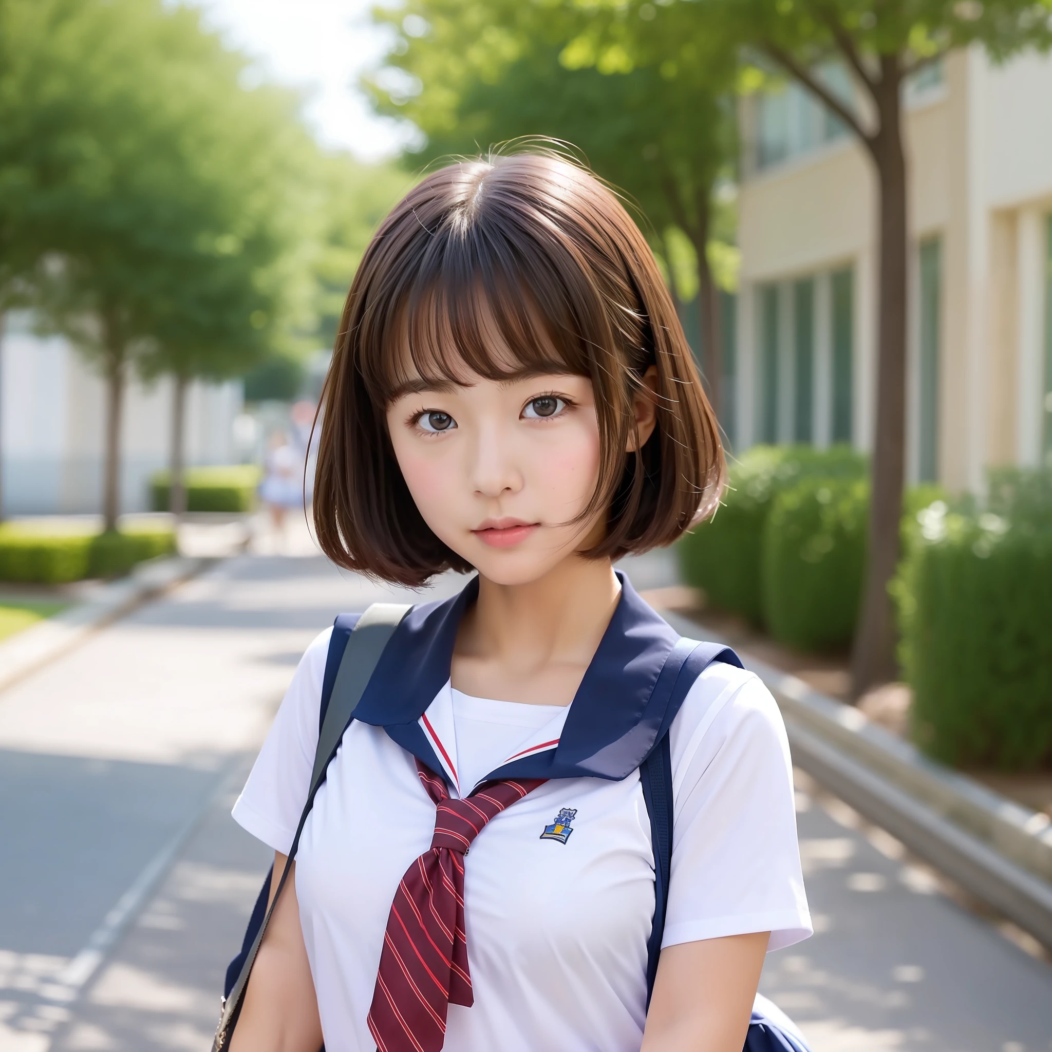 Cute high school girl looking at camera, in summer uniform
