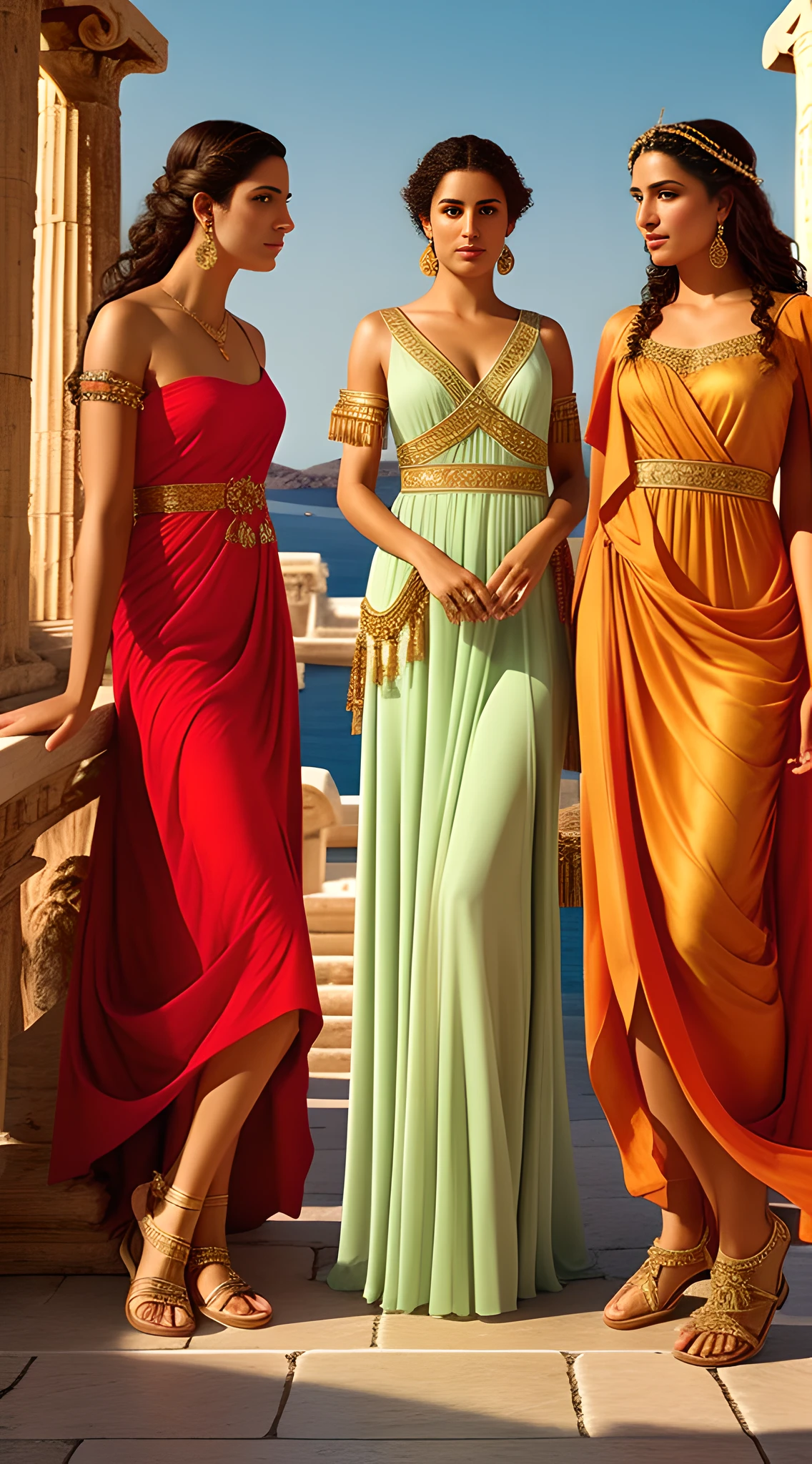 (best quality, high resolution, oil painting, official art:1.2, by Greg Rutkowski), a trio of enchanting ancient Greek women, (adorned in elegant short Greek dresses and sandals:1.2), exuding grace and beauty, engaging with ancient Greek passengers on a captivating ancient Greek road, the sun setting in the background, casting warm hues, lively atmosphere, reminiscent of a party-mile, transported to the ancient Greek era, intricate attention to detail, realistic style, evoking the allure and mystery of the Aegean.