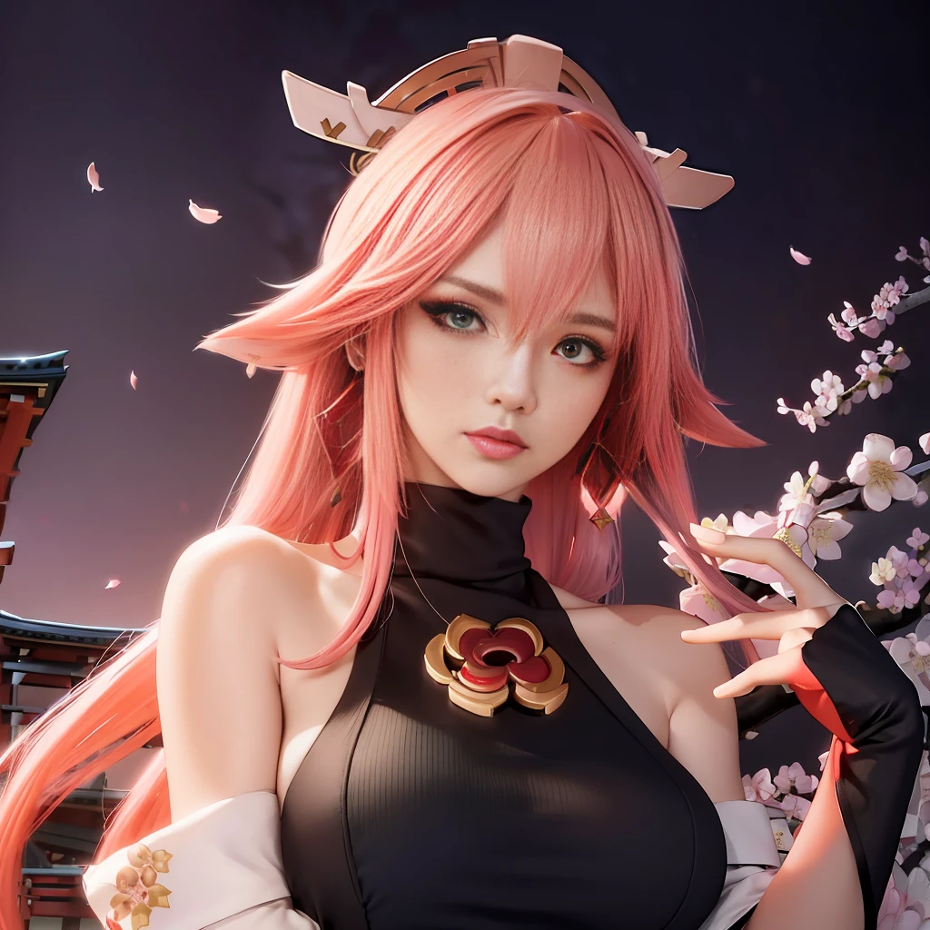 (Masterpiece, Excellent, 1girl, solo, complex details, color difference), realism, ((medium breath)), off-the-shoulders, big breasts, sexy, Yae Miko, long pink hair, red headdress, red highlight, hair above one eye, green eyes, earrings, sharp eyes, perfectly symmetrical figure, choker, neon shirt, open jacket, turtleneck sweater, against the wall, brick wall, graffiti, dim lighting, alley, looking at the audience, ((mean, seductive, charming)), ((cherry blossom background ))),((Japanese temple background)))), (((Glow-in-the-dark background)))