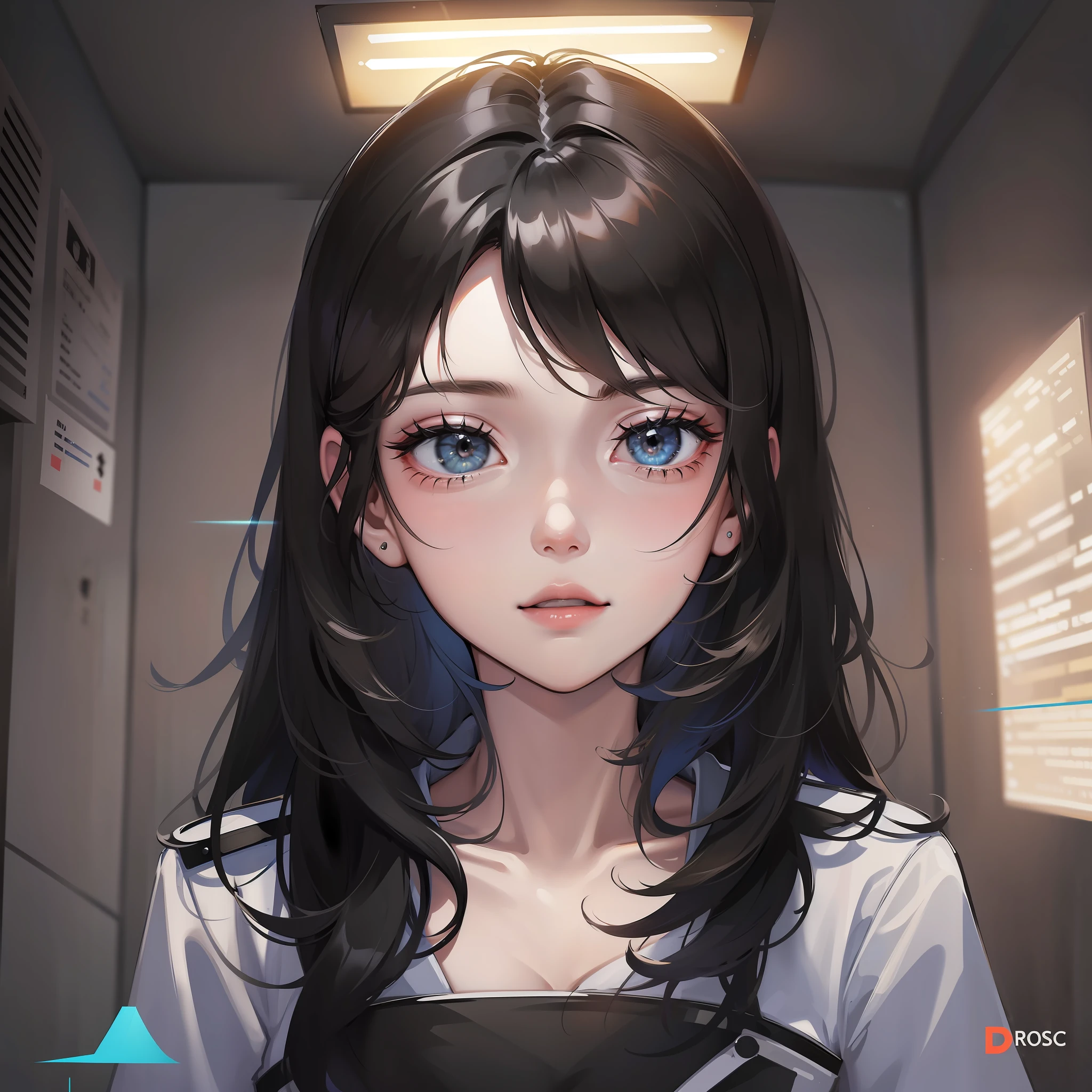 In an interrogation room, a police officer interrogates a girl with long black hair, Tyndall Effect, HD, 8K