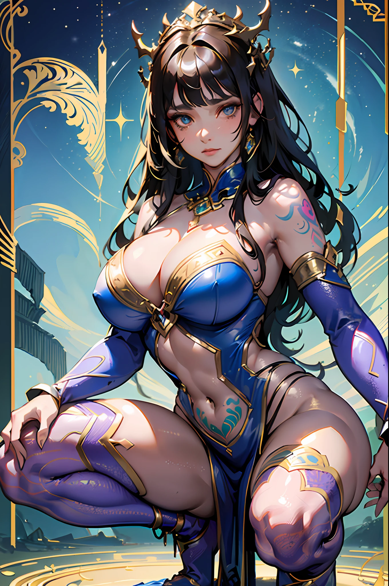full body portrait of a beautiful woman, squatting spread legs, ((perfect feminine face)), (+long colorful wavy hair), (glitter freckles), glitter, wearing a dress, intricate, 8k, highly detailed, volumetric lighting, digital painting, intense, sharp, focus,character design concept art, (dark skinned:1.3), evil, (regal), monarch,athletic body, ((tattooed)), (((big breasts))), (cleavage overflow:1.3), (((big ass))),strong legs, ((soaking wet)), magnificent, posh, (dreds:0.9), high fantasy, portrait, perfect rendered face, perfect face details, grim, medium shot,realistic face, photo realistic, analog style, bf, masterpiece, best quality, ((intricate detail)), highres, ((drawn)), cinematic lighting, (((realism))) by Richard Corben, by Miles Aldridge, by John Atkinson Grimshaw, art by artgerm and rutkowski and alphonse mucha, cgsociety