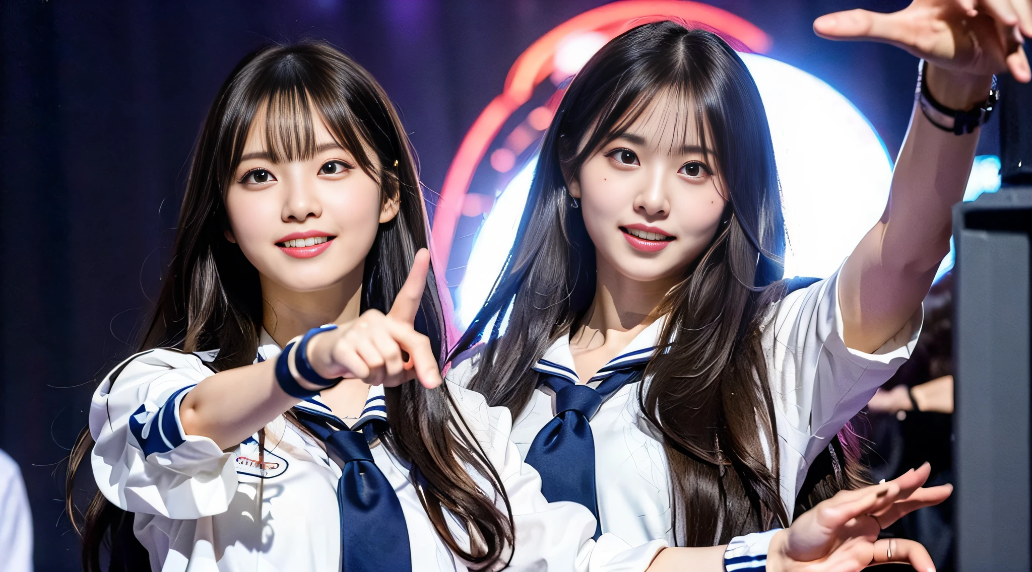 (8k, RAW photos, top quality, masterpiece: 1.2), super detail, super resolution, (photorealistic: 1.4), , high school girl miss con, schoolgirl posing on stage, smile so much that you can see teeth, full body shot, full body photo, high resolution RAW color photo, beautiful and shiny stage light, real light, detailed background of female proofreading miss con 2022, Dancing on stage, swaying skirt, holding a microphone in her right hand, very detailed and beautiful background, super high image quality, 8k wallpaper, amazing details, very fashionable and delicate uniform, very detailed beautiful girl, very detailed face very detailed eyes, very realistic skin, very detailed fingers, very detailed nose, very detailed mouth, perfect anatomy, very detailed background, very detailed clothes, teen, Cute girl, Famous Japan idol, Cute, Realistic body, Slender, White skin, Glowing skin, Slim body, Long straight hair, (Dull bangs:1.2), Realistic face, Delicate eyes, Double eyelids, Sailor suit, red tie, pink eye shadow, (((Hair is fluttering every time a high school girl dances)), Celebrity-level cuteness, Modern female proofreading, ( Heart mark under the eye wo) (Cute pose)