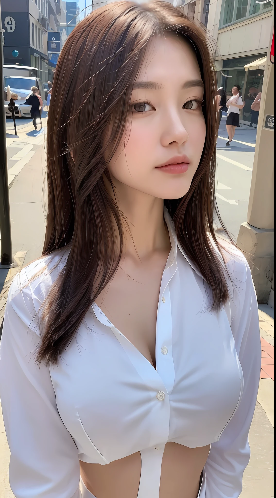 ((Best quality, 8k, Masterpiece :1.3)), Sharp focus :1.2, A pretty woman with perfect figure :1.4, Slender abs :1.2, ((Dark brown hair, Big breasts :1.2)), (White button up long shirt :1.1), City street:1.2, Highly detailed face and skin texture, Detailed eyes, Double eyelid