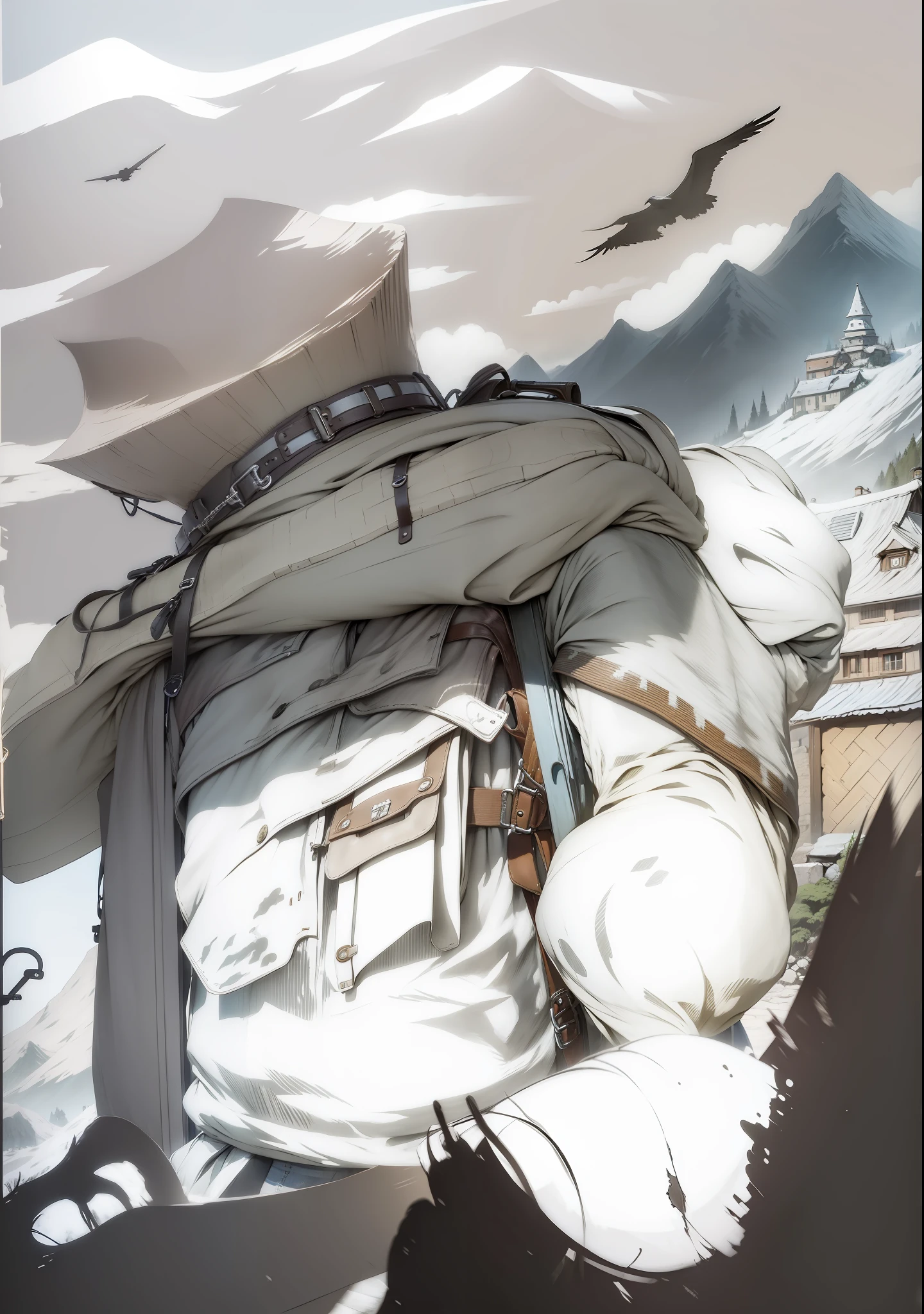 A man carries a backpack. Step into one. Old mountain village