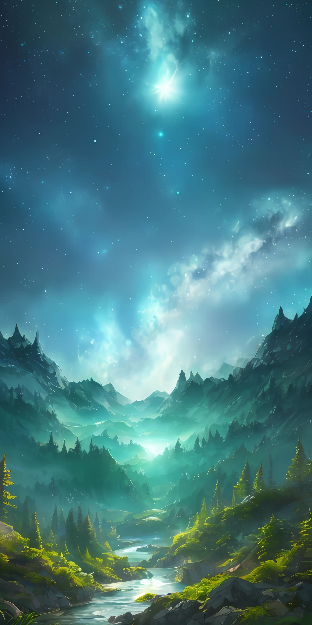 An illustration of a surreal, otherworldly, sur-sky scene including a huge crystal tree full body, very detailed and magical lights, intricate forest details, vegetation and surrounding rivers, solar punk, landscapes, giant trees, beautiful green leaves, beautiful lights and realistic proportions, as if it were a movie background, 8k, highest quality, masterpiece, clouds and stars in the sky, (((1 girl, sexy, cheongsam, full_body, bobo head, side-parted hair, blue eyes) )), dynamic poses, in comic book style, depicting a group of characters in various action scenes, from intense battles to relaxing moments, with dramatic speed lines and bold sound effects, capturing the excitement and energy of the story, mountains, starry sky, tall woods, masterpiece, aqua eyes, cinematic lighting, depth of field, moving diagram, UHD, anatomically correct, super detail, textured skin, high detail, best quality, 4K.