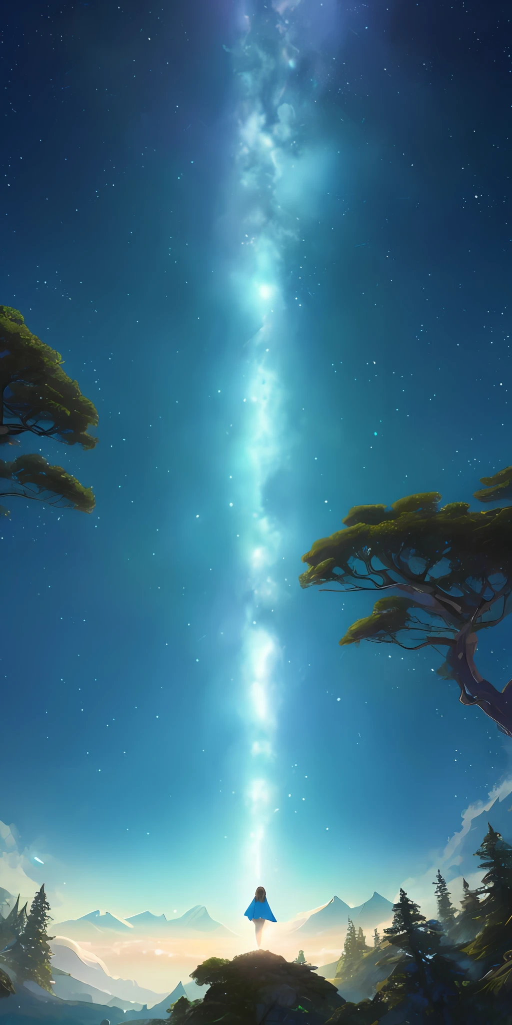 An illustration of a surreal, otherworldly, sur-sky scene including a huge crystal tree full body, very detailed and magical lights, intricate forest details, vegetation and surrounding rivers, solar punk, landscapes, giant trees, beautiful green leaves, beautiful lights and realistic proportions, as if it were a movie background, 8k, highest quality, masterpiece, clouds and stars in the sky, (((1 girl, sexy, cheongsam, full_body, bobo head, side-parted hair, blue eyes) )), dynamic poses, in comic book style, depicting a group of characters in various action scenes, from intense battles to relaxing moments, with dramatic speed lines and bold sound effects, capturing the excitement and energy of the story, mountains, starry sky, tall woods, masterpiece, aqua eyes, cinematic lighting, depth of field, moving diagram, UHD, anatomically correct, super detail, textured skin, high detail, best quality, 4K.