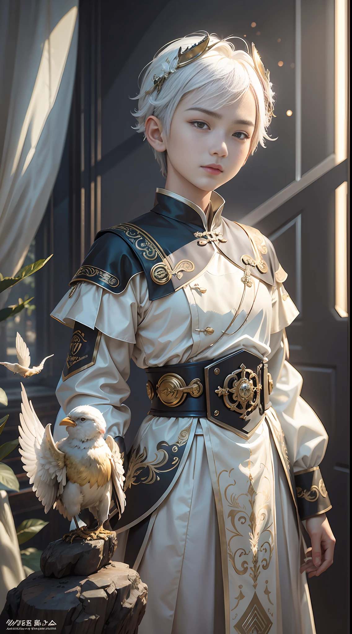 Short hair Chinese boy, , cool style, next to a golden bird with golden light, dressed in Hanfu, silver hair, metal decoration, white clothing, three-dimensional facial features, halo, stunning, gorgeous, white Chinese architecture on the background, 3D, Vray rendering, Surrealism, bokeh, low angle shooting, front view, platinum color scheme, cinematic style, cinematic, realism, surreal, fantasy, mythology, product rendering, background clean, ltra detailed, in the style of realistic depiction of light, high detail on light and shadows throughout, intricate details, surreal, hypermaximalist, white studio background, luminous, iridescent, shimmering, Canon EOS - ID mark III --ar 4:5 --upbeta --style raw, hasselblad, ray tracing, Social realism, Surrealism, 8k