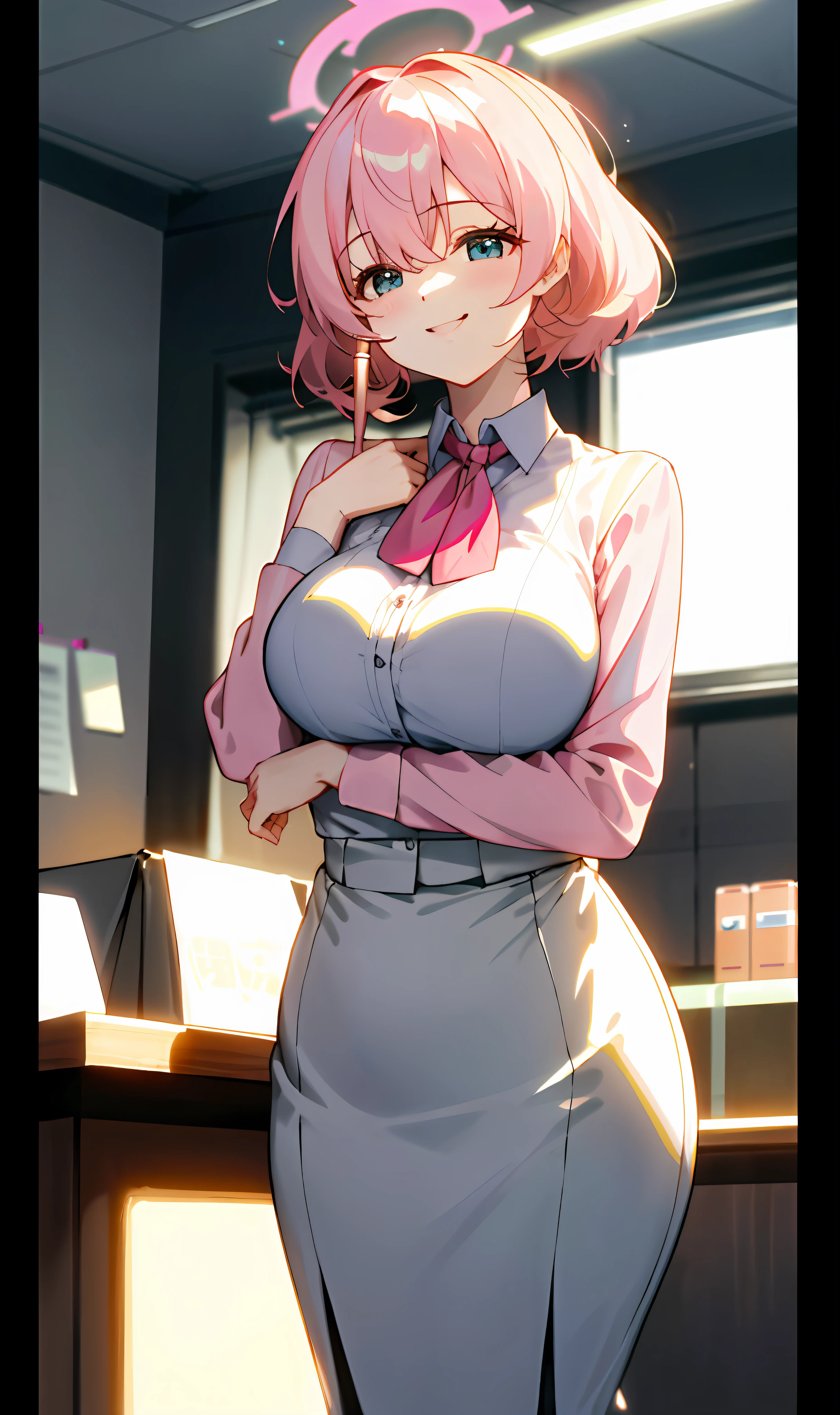 ((masterpiece, best)),(1girl),((mature woman)), light pink hair, dizzy, trumpet, ((office lady)), bangs, mid-chest, (full), slim, smiling, [wide hips] ,office,standing, aru \(blue archive\),