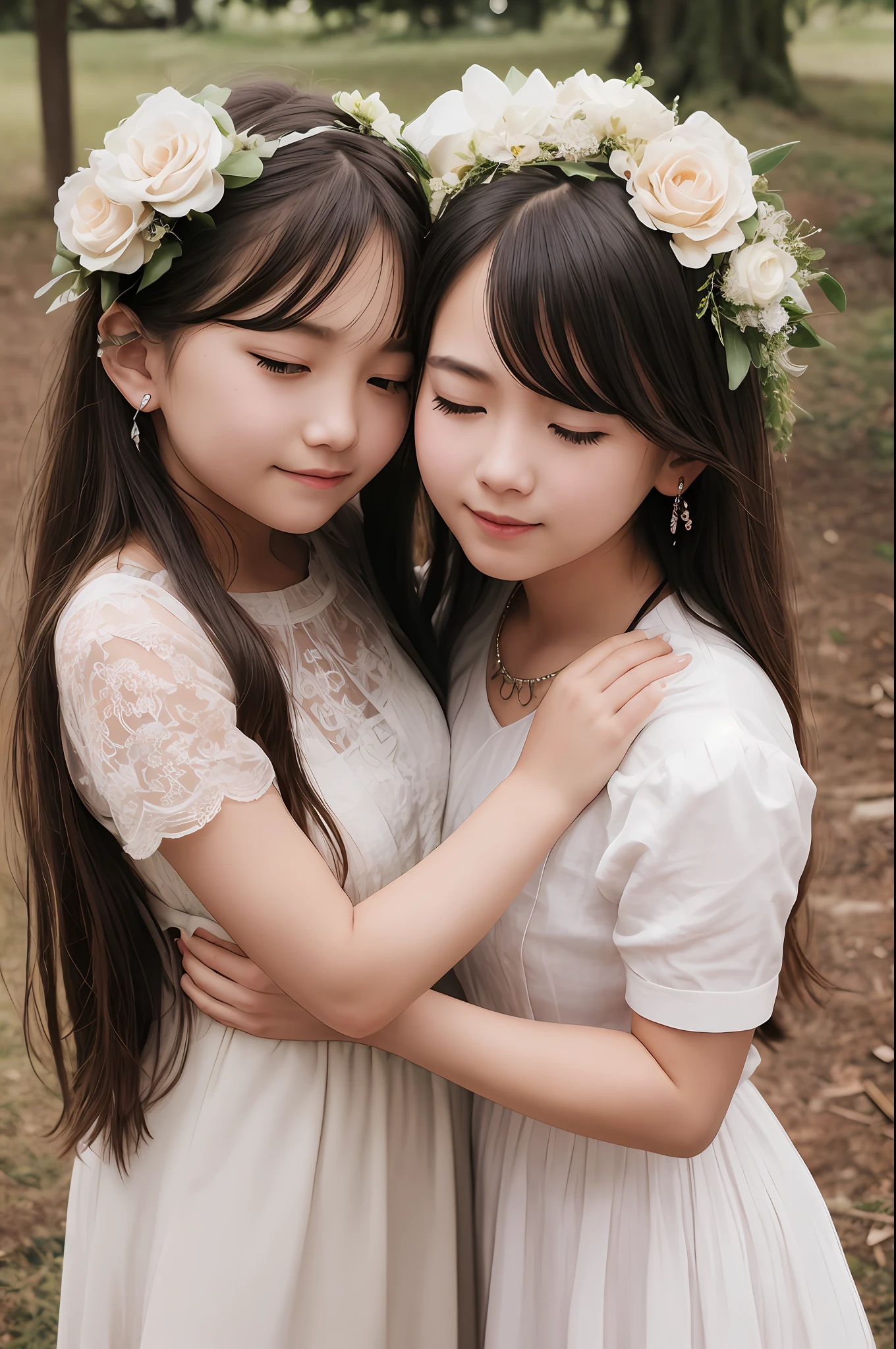 a pair of two girls are posing for a picture that is taken with the help of a tree, multiple girls, 2girls, flower, jewelry, hair ornament, hair flower, long hair, hug, dress, closed eyes, brown eyes, earrings, brown hair, head wreath, white dress
