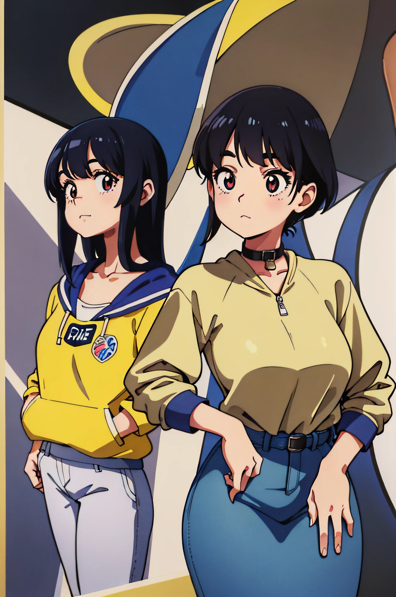 girl, Retro,Shopping Background,Fat,Oppai,Standing with hand on hip,Medium Hair,Blunt Bangs,mauve Hoodie,indigo Pencil Skirt,kemono friends,Dog Collar ,(masterpiece,detailed,highres:1.4)