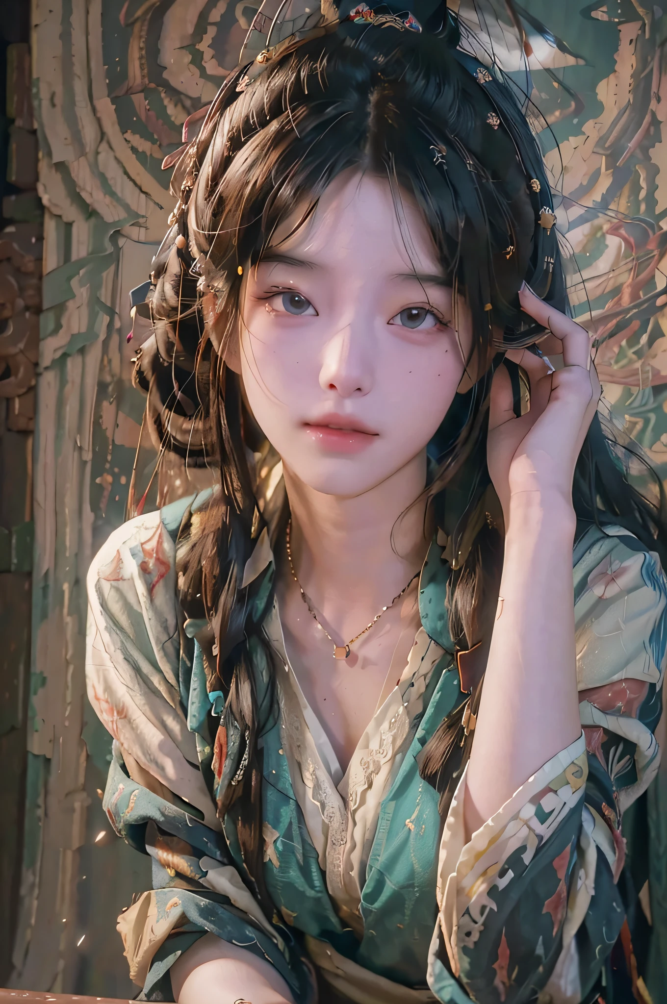(RAW photo, best quality), (realistic, photo-realistic:1.3),best quality,highly detailed,masterpiece,ultra-detailed,illustration,1girl,upper_body,dynamic angle,world masterpiece theater,messy_long_hair,best quality,extremely detailed CG unity 8k wallpaper,ink,Amazing,cinematic lighting,lens_flare, dunhuang_style