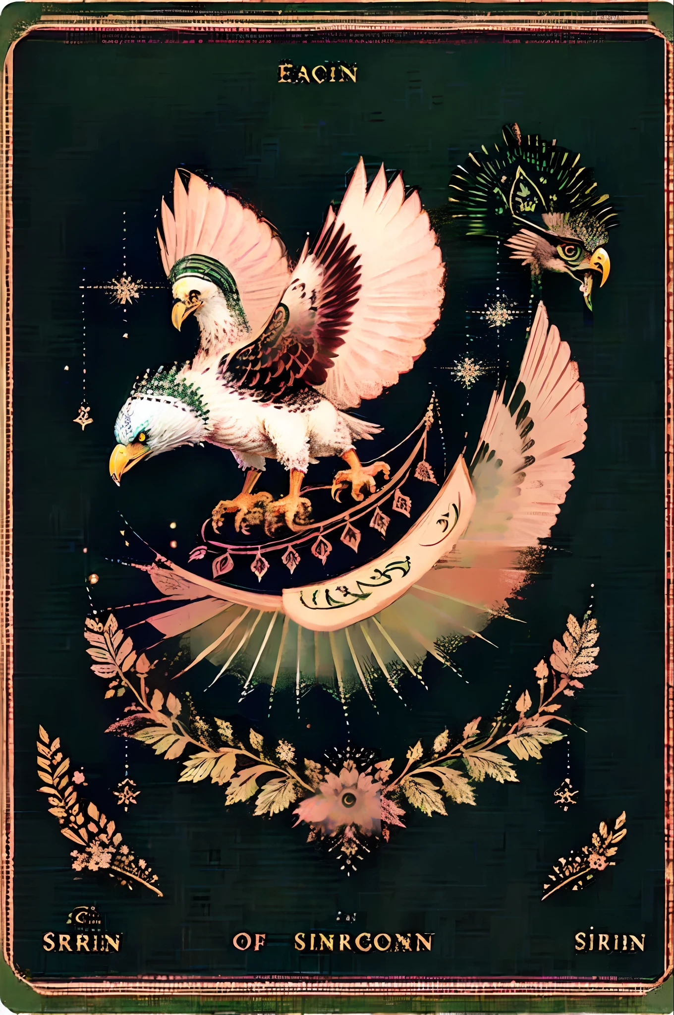 Soul card, line, (((Sirin))), (green coloured mythical woman), (with body of eagle:1.3), mythical creature, magic, mythology, folk