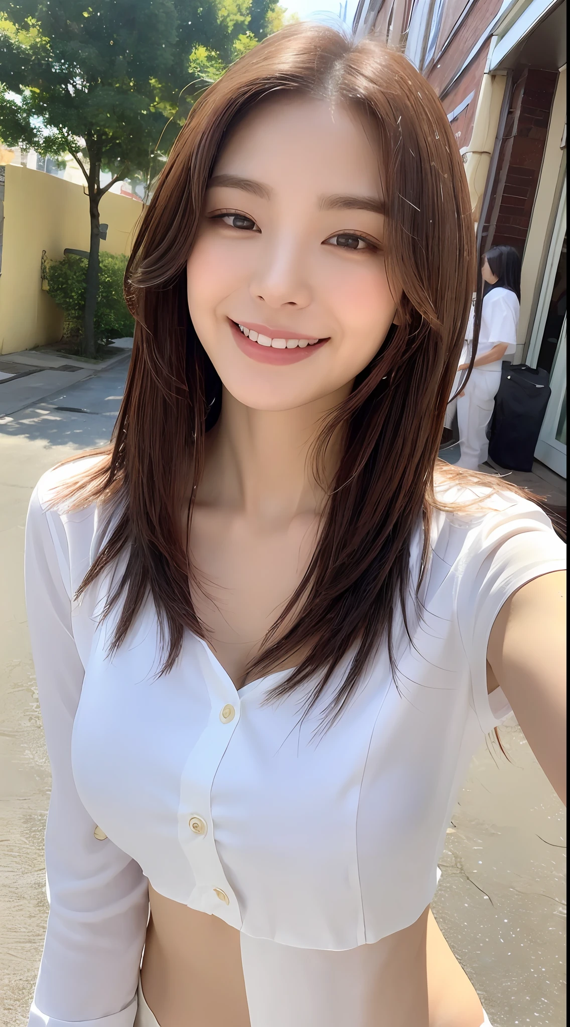 ((Best Quality, 8K, Masterpiece: 1.3)), Sharp Focus: 1.2, A Beautiful Woman with Perfect Figure: 1.4, Slim Abs: 1.2, (Layered Hairstyle,: 1.2)), (Wet White Button Long Shirt: 1.3), Rain: 1.3, Street: 1.2, Wet Body: 1.1, Highly Detailed Face and Skin Texture, Detailed Eyes, Double Eyelids, Big Breasts, Smile,
