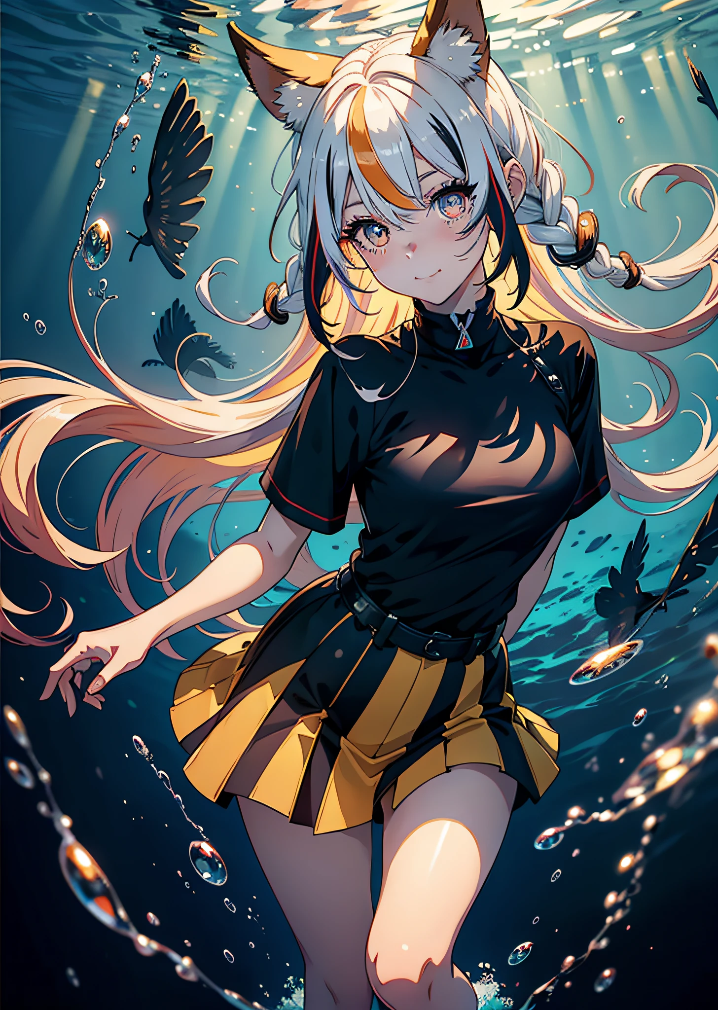 Full body portrait, hair shaking, cringe, long eyelashes, solid round eyes, fake animal ears, light smile, ear blush, multicolored hair, gradient hair, striped hair, gradient eyes, pupil sparkle, amber eyes, surrealism, shadow, relief, diorama map, tachi-e, pov, atmospheric perspective, partially underwater shot, from above, anime, bauhaus, 8k, super detail, ccurate, best quality, super detail, 4K
