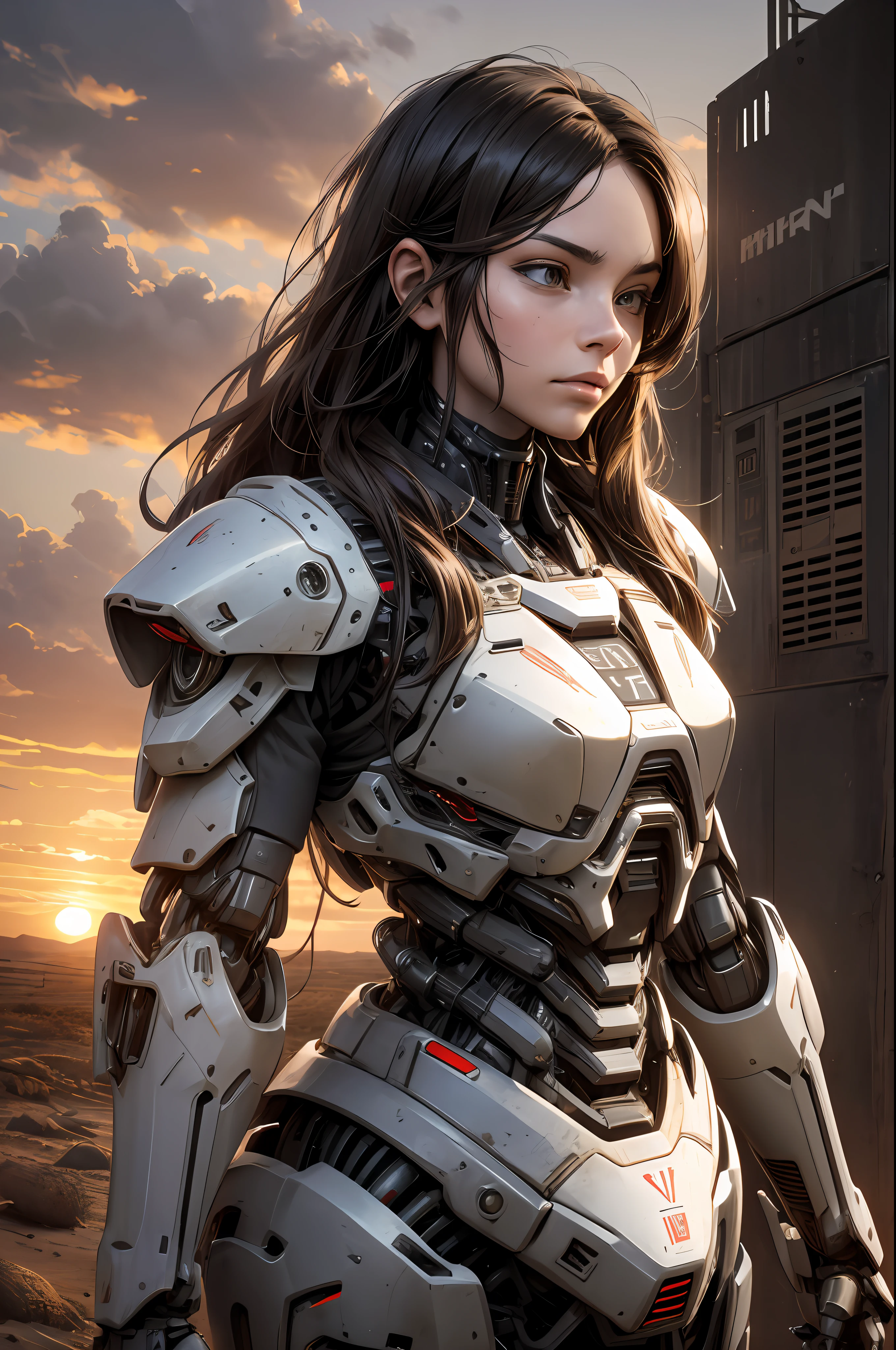 Photorealistic Photo, Mechanical exoskeleton armored robot in the distance, long long hair, Bust, Sundown, dirt, end of the world --auto --s2