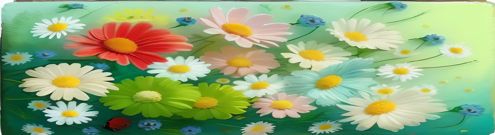 painting of a bouquet of flowers with ladybugs and daisies, floral flowers colorful, colored flowers, magical colorful flowers, colourful flowers, colorful flowers, flowery wallpaper, artistic depiction, daisies, flowery, beautiful flowers, swirling flowers, flowers!!!!, luminous flowers, pastel colourful 3 d, wide screenshot, outstanding detail, jaw dropping, detailed flowers, beautiful image