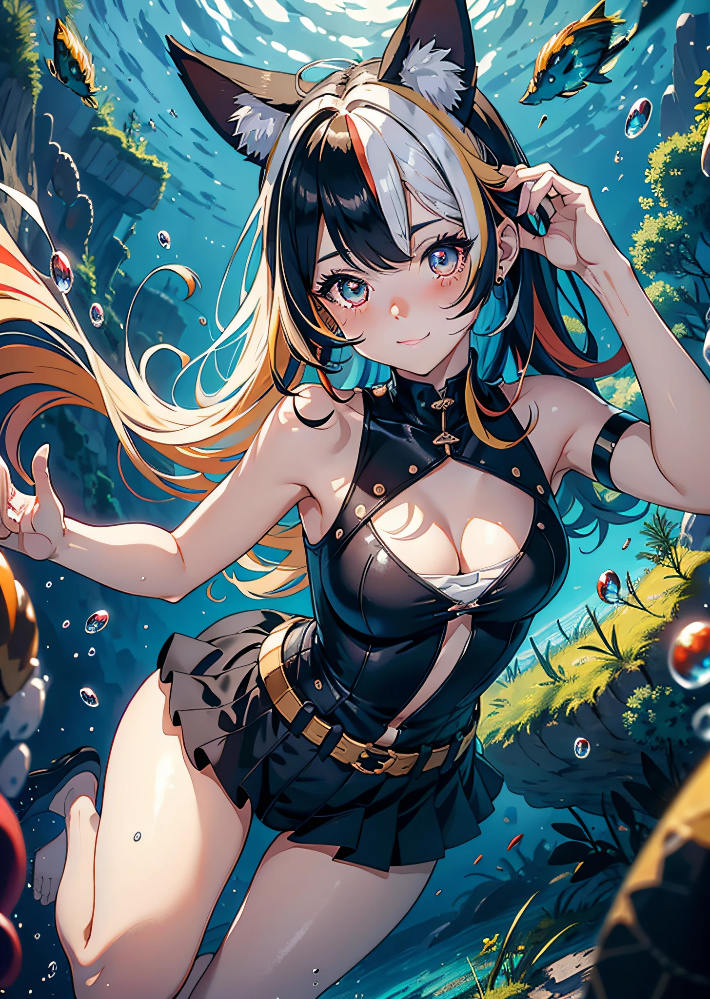 Full body portrait, hair shaking, cringe, long eyelashes, solid round eyes, fake animal ears, light smile, ear blush, multicolored hair, gradient hair, striped hair, gradient eyes, pupil sparkle, amber eyes, surrealism, shadow, relief, diorama map, tachi-e, pov, atmospheric perspective, partially underwater shot, from above, anime, bauhaus, 8k, super detail, ccurate, best quality, super detail, 4K