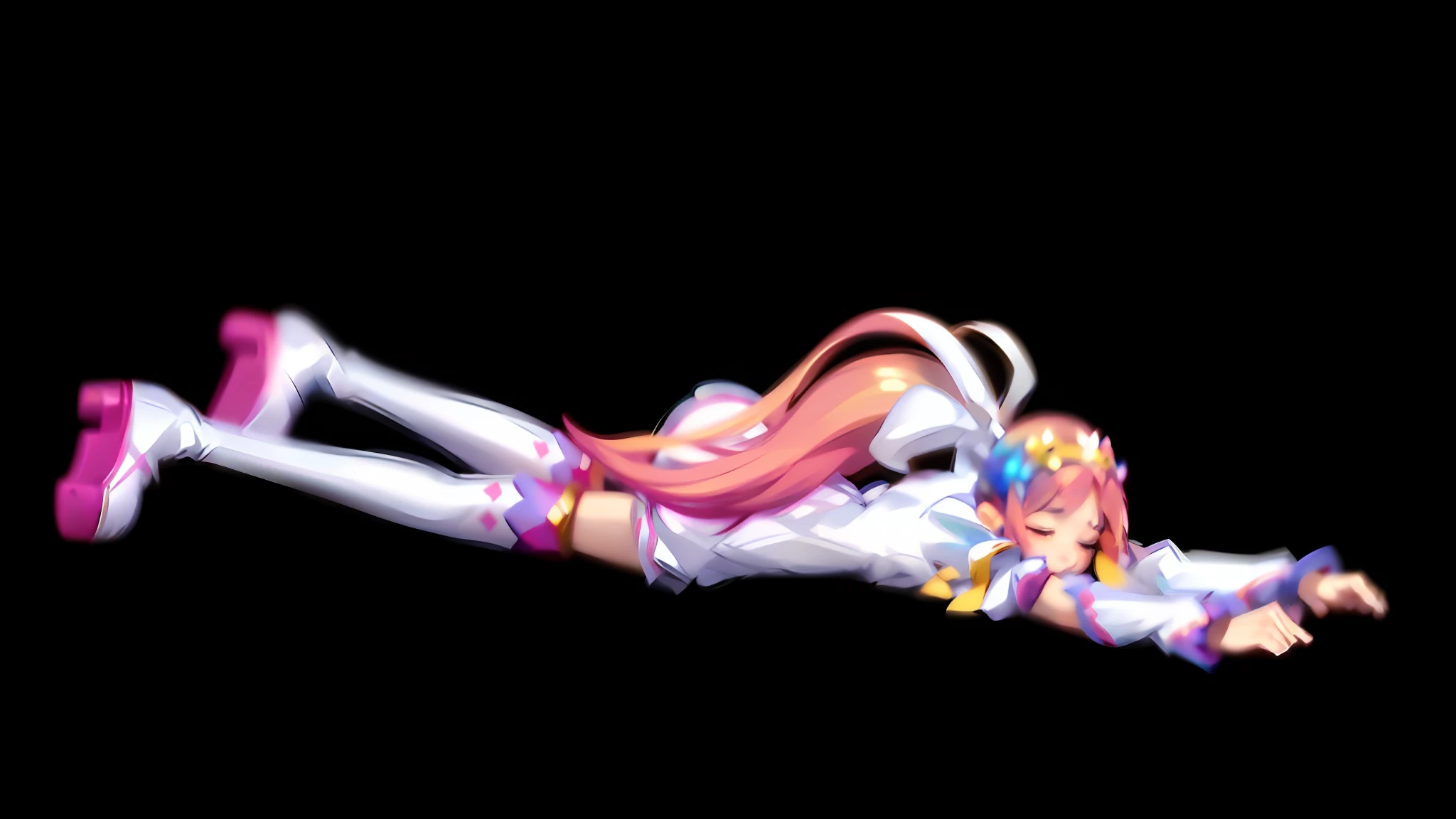((cute + dynamic: 1.2), (masterpiece: 1.5), (best quality: 1.5), hand drawn 8K wallpaper, 1 girl, closed eyes, shut up, perfect hands, tummy down, fall, cute face with tears in the corners of the eyes, single ponytail+ (pink hair: 1.3), beautifully hand-painted, flowing long hair, charming sight, white shirt + white skirt + over-the-knee socks: (1.2), fine tiara, white boots: (1.2), smooth legs: (1.2), no background: (1.5), bright colors),