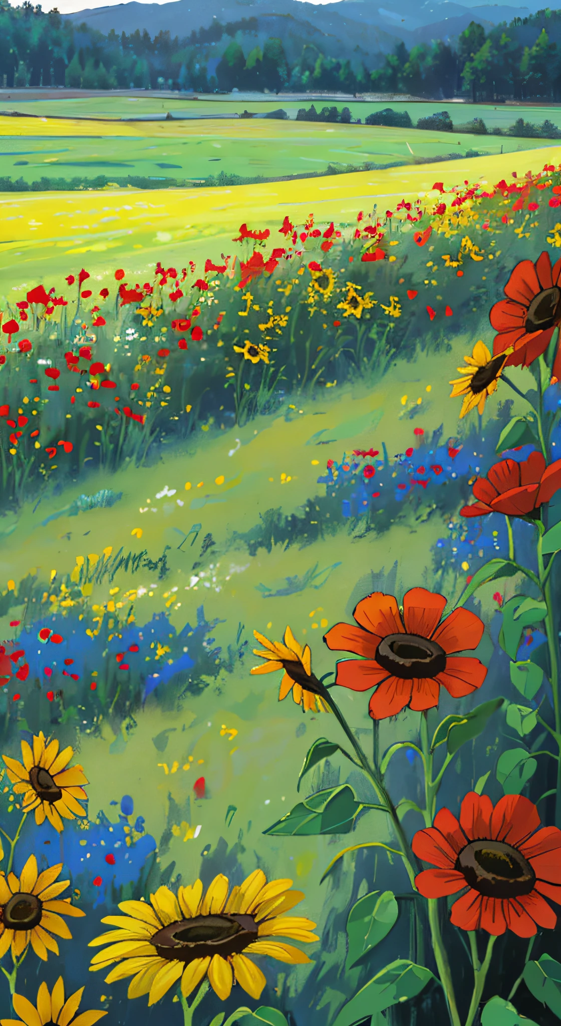 ((masterpiece)), (8k, high_resolution),(best quality), meadow, field, large field, meadow flowers and grasses, landscape, juezlude, dusk, no sun, twilight, summer, Kyoani Haruh style, meadow blue and red flowers, poppies, no sunflowers, no trees, no forest, only meadow