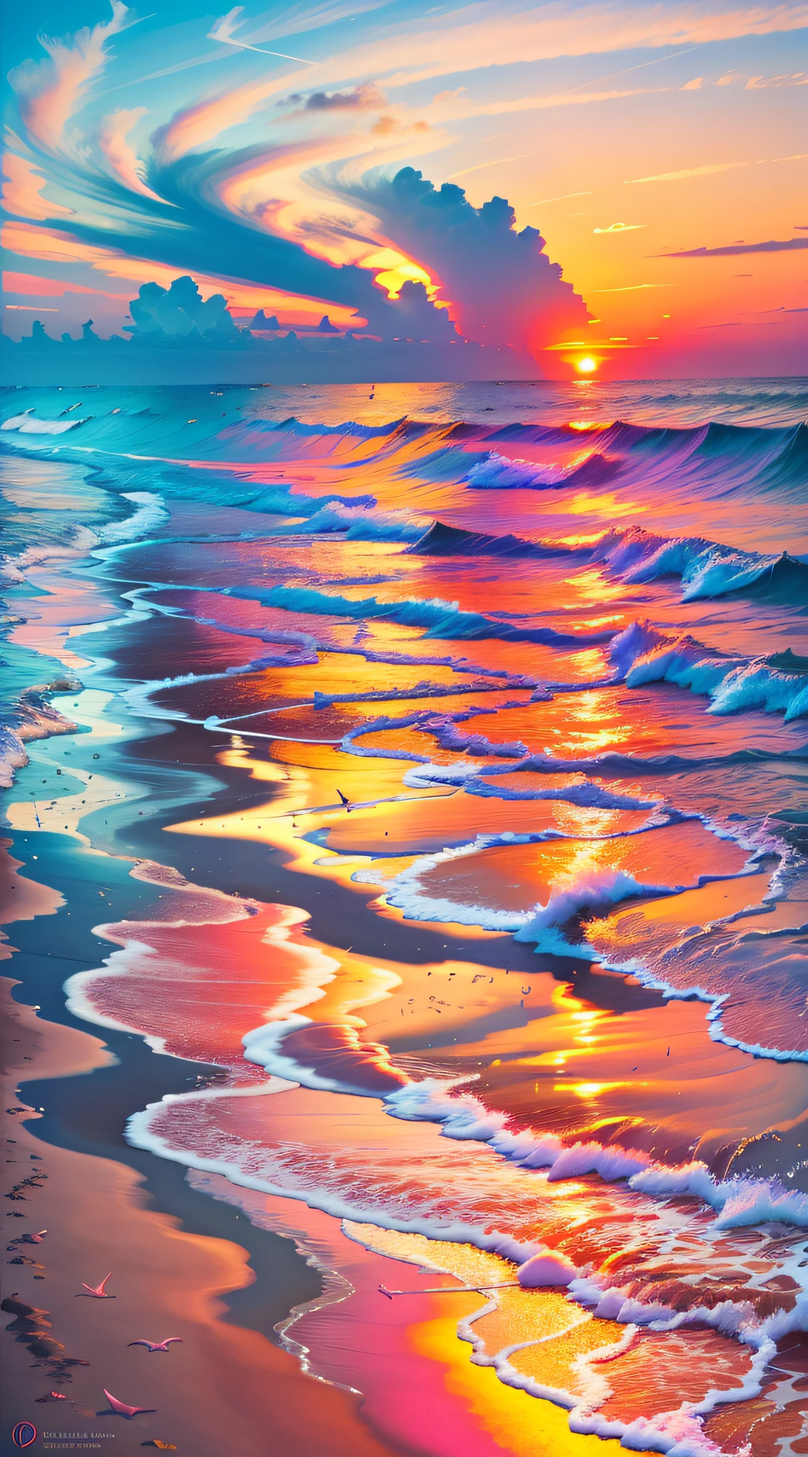 An absolutely mesmerizing sunset on the beach, with a mix of orange, pink, and yellow in the sky. The water is crystal clear, gently kisses the coast, and the white sand is endless. The scene is dynamic and breathtaking, with seagulls soaring high in the sky and palm trees swaying softly. Immerse yourself in the calm atmosphere and let the serenity surround you.