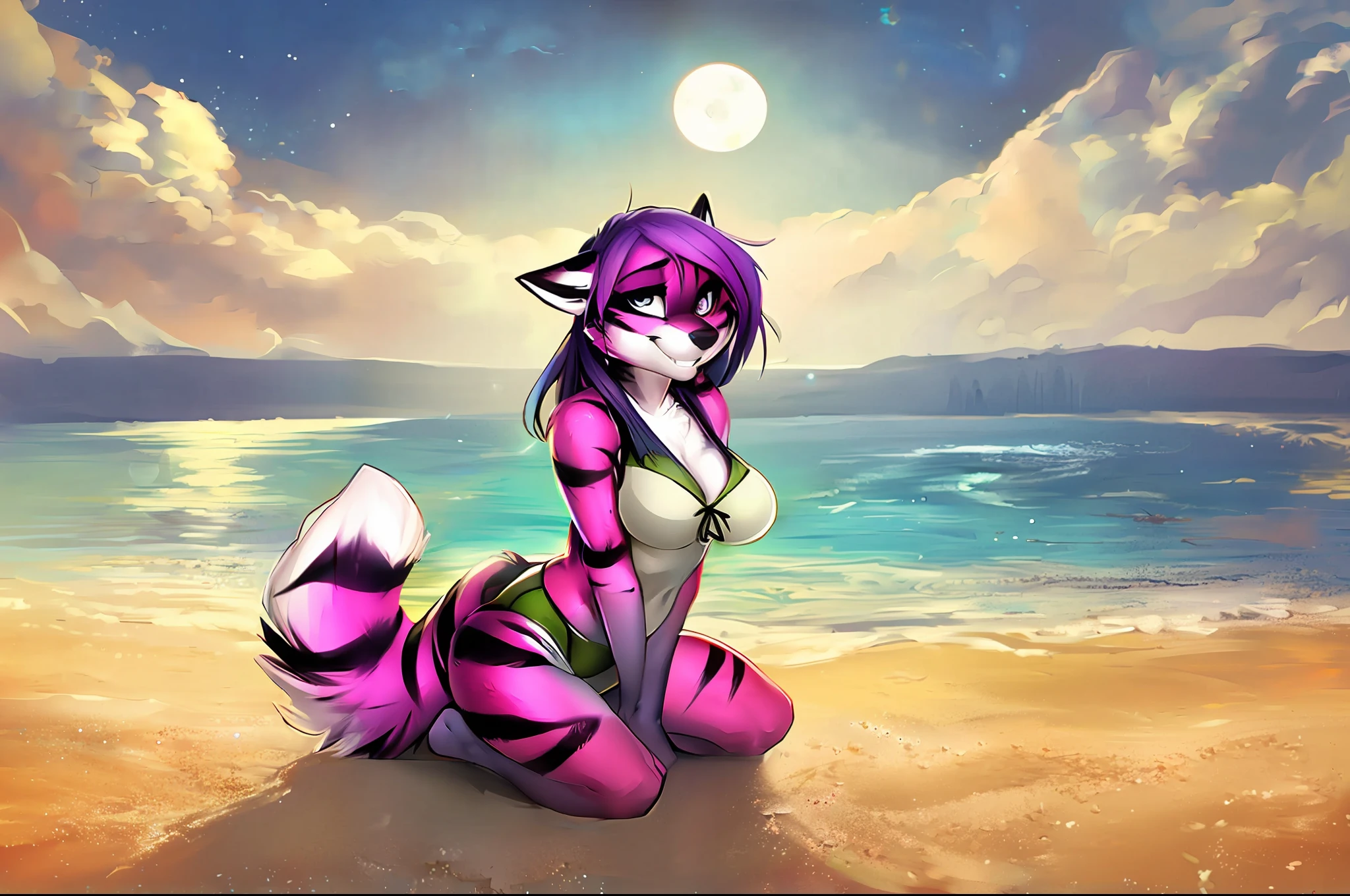 (sfw:2.0), uploaded the e621,         By  iskra, By darkgem,          (( Selene leni )),          (sharp outline), detailed,  smalldetailed,    beautiful woman (((female))) ((anthro-girl )),  muzzle,       lighting cinematic, seductor,   thighs, (huge chest), full body view, (busty),  wide hips,  messy hair,  detailed eyes, (separate) bright colored swimsuit, swim-bra, slim swim panties, submissive,  look from down,  hot , lust, trembling, (embarrassed and dreamy), invitation, (heart-shaped pupils), sexy, seductive, girls in love, nice, cute, (adult), shy and seductive pose,     we can see her half-exposed  mid breasts, (on the beach,),  waves, drops,       tonight, moon, moonway, stars in darkness on night sky, fly firebugs surround,       (naughty face) ,      atmosphere of love,  romantic, romantic beautiful night,      passionately and lustfully,  half-naked,