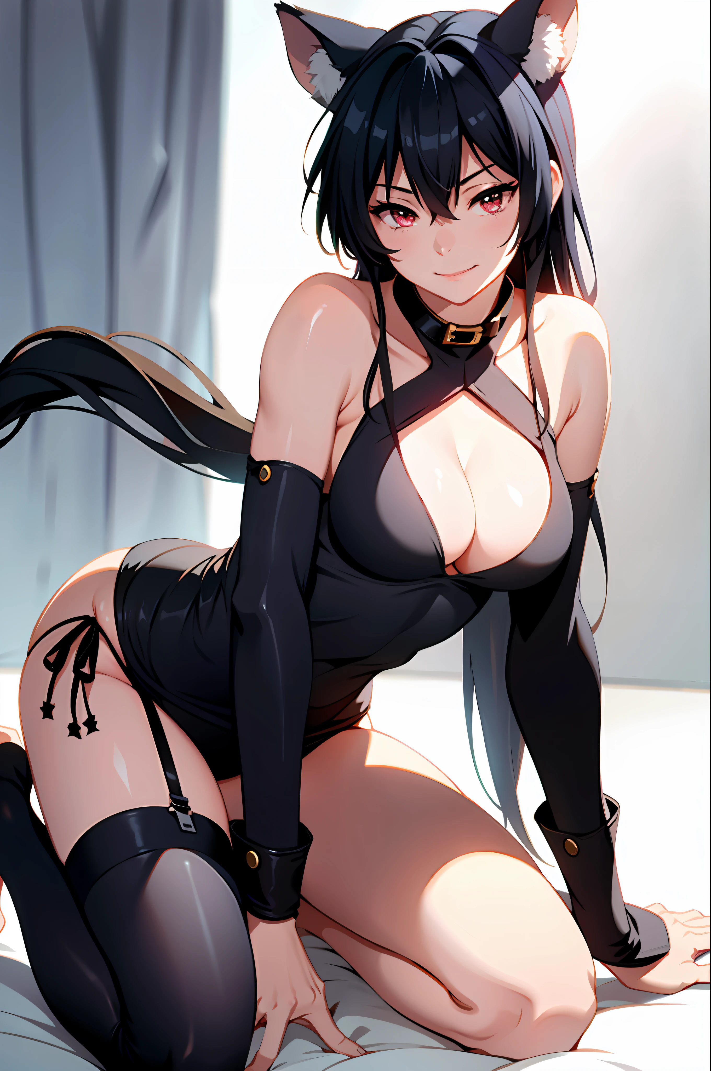 1girl, detailed eyes, bare shoulders, large breasts, detached sleeves, standing, smile, tail, kneeling, spread legs, slightly visible panty, tilted head