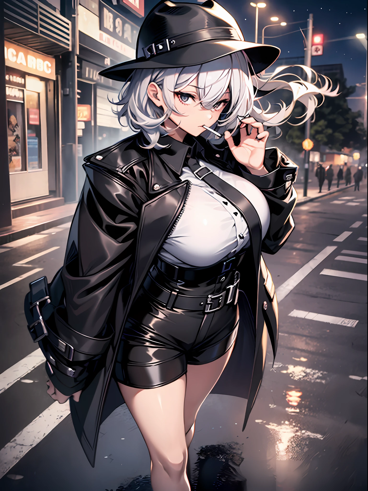 girl, white short hair, black outfit, wavy bob hair, beautiful black eyes, black over coat, black shirt, black hat, smoking cigarette, sharp eyes, large breasts, outside, full body, at night, from above, looking away