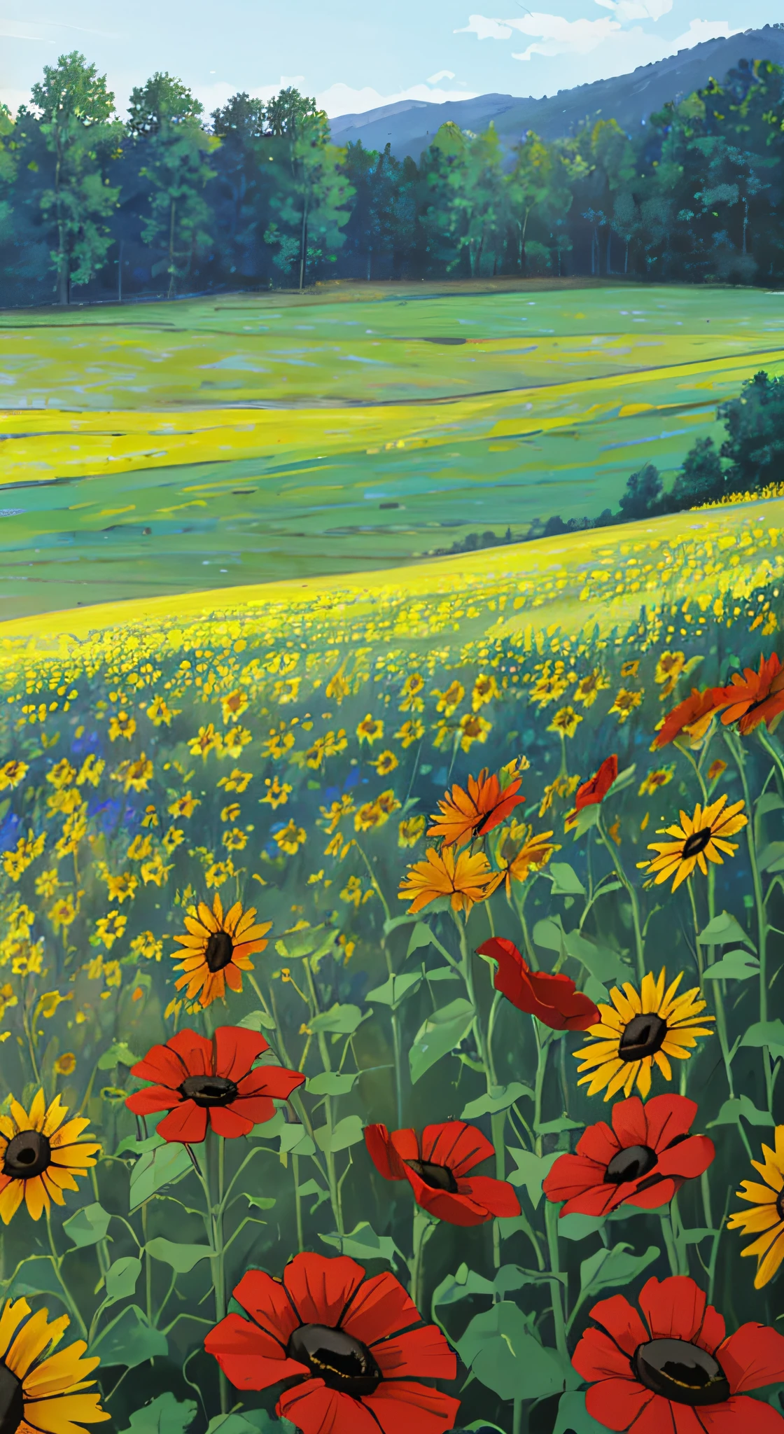 ((masterpiece)), (8k, high_resolution),(best quality), meadow, field, large field, meadow flowers and grasses, landscape, juezlude, dusk, no sun, twilight, summer, Kyoani Haruh style, meadow blue and red flowers, poppies, no sunflowers, no trees, no forest, only meadow