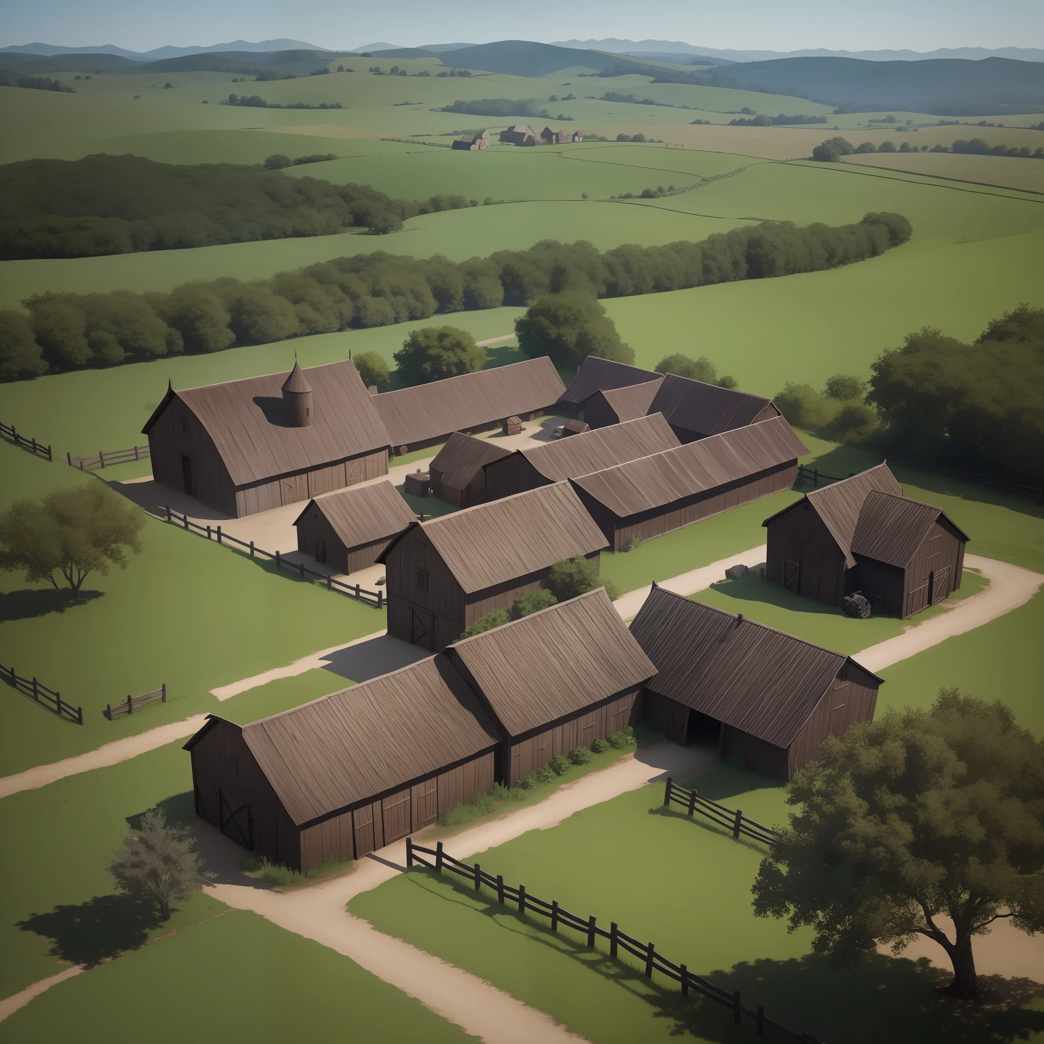 Dark fantasy farm, Medieval fantasy, medieval, fenced farm with wooden fence, mill, plantations, wooden stable, wagon, ultra realistic, 8k