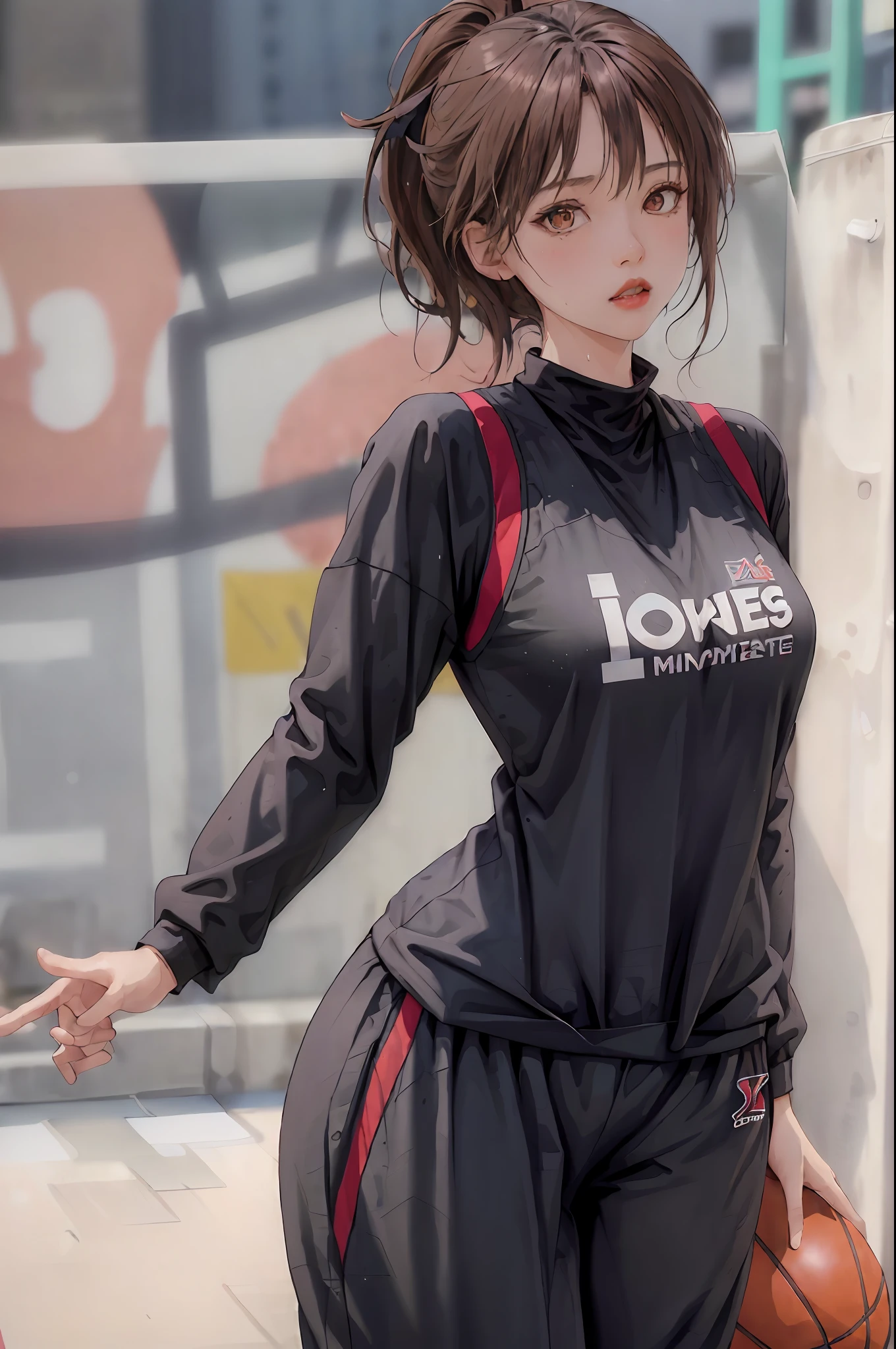 Masterpiece: 1.2, best quality), realistic, (real picture, rich details details, depth of field), (1girl, solo), makeup, cleft lip, high detail, perfect face shape, (small breasts: 1.4), (skindentation), thick thighs, Wide hips, thin waist, tall, coral, red lips, red eyes, ponytail, ((((basketball girl, loose clothes, black basketball suit, mid-length pants)))), (sweat: 1.2), (wet), blush, sweaty