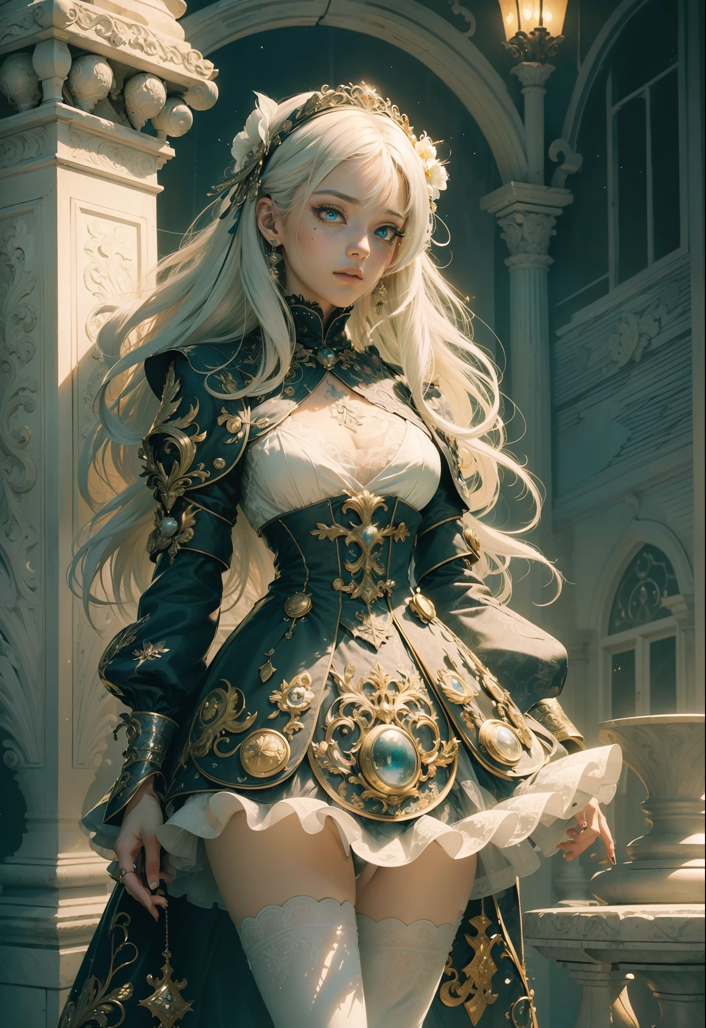 (((hyper detail)))), (hyper detail)), (ultra realistic), (illustration), (high resolution), (8K), (very detailed), (best illustration), (beautiful detailed eyes), (best quality), (super detail), (masterpiece), (wallpaper), (detailed face), solo, one girl, aristocratic dress, white hair, iris unusual eyes, small moles under the eyes, medium chest, long legs, standing figure