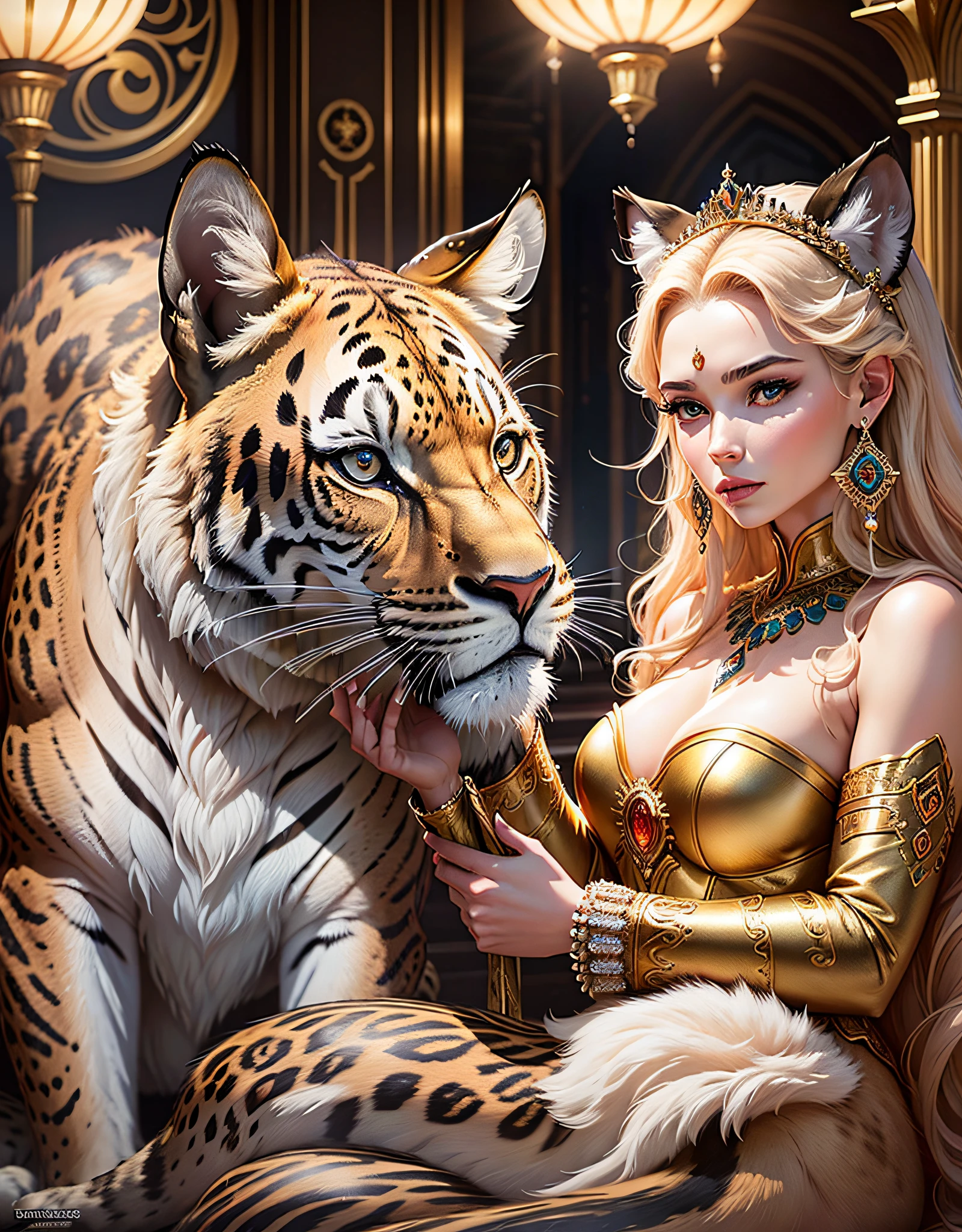 Content: A royal princess adorned in lavish attire, surrounded by fierce and majestic wild cats such as lions, panthers, leopards, and tigers
Medium: Studio photography with meticulous attention to detail and high-quality lighting techniques
Style: Fashion-forward and opulent, showcasing the intersection of regality and untamed beauty
Lighting: Intimate and dimmed lighting, creating an enchanting and alluring atmosphere
Composition: The princess is positioned at the center of the frame, exuding confidence and elegance, while the wild cats are strategically placed around her, capturing their power and grace. The intricate luxury interior enhances the sense of grandeur and sophistication. The overall composition evokes a sense of harmony between the princess and the wild beasts, highlighting their mutual respect and strength. The studio light accentuates the fine details of the princess's attire and the majestic features of the wild cats, creating a visually captivating and high-fashion aesthetic. This photography captures the essence of a powerful and captivating woman surrounded by untamed beauty. --auto --s2