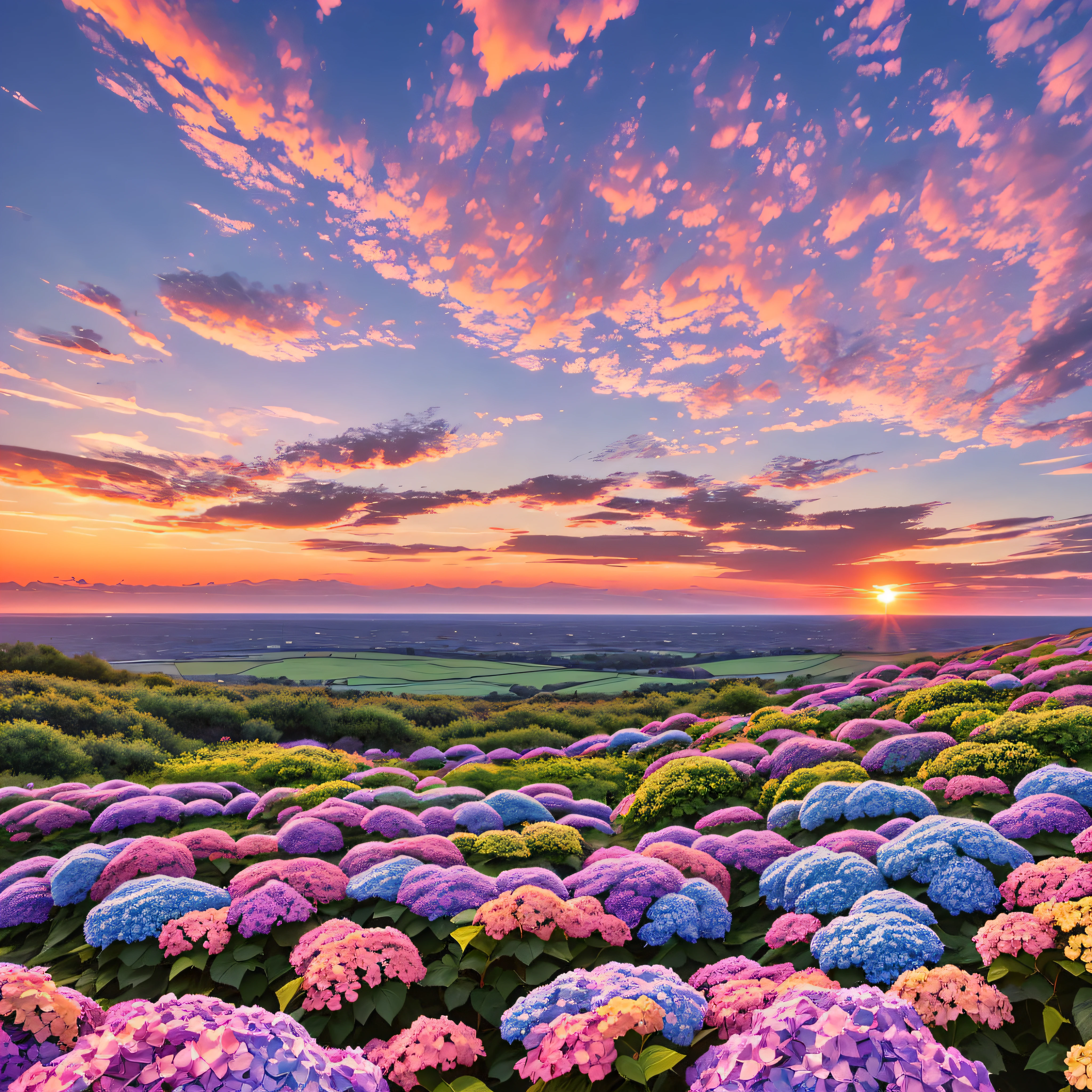 Below the horizon is full of colorful hydrangeas, on the horizon is the sky and sunset Burning clouds Super beautiful clouds Sunset Light sky takes up one-third of the picture Below the horizon accounts for two-thirds of the picture Stunning Cinematic Reality 8K --auto --s2