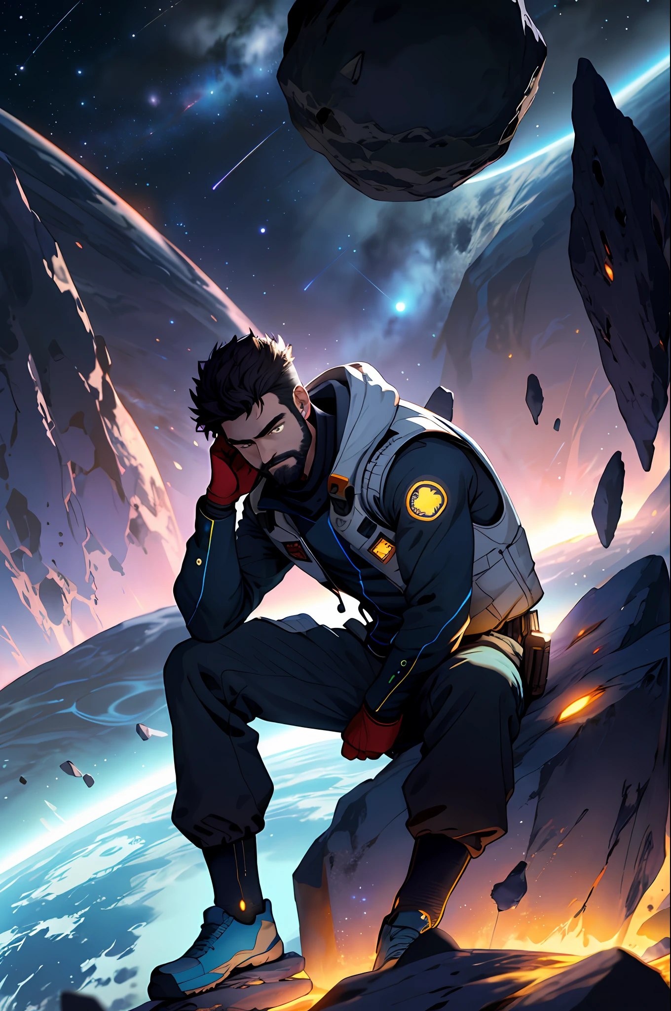 Draw a young programmer, sitting on a research platform floating in the middle of an asteroid belt. He is studying with a notebook, surrounded by several asteroids glowing with fiery auras. Dramatic lighting from distant stars and planets illuminates the scene, casting deep shadows on the suit. The young man looks confident and determined, looking at the vast and mysterious universe with wonder and respect,facial hair, cowboy shot,