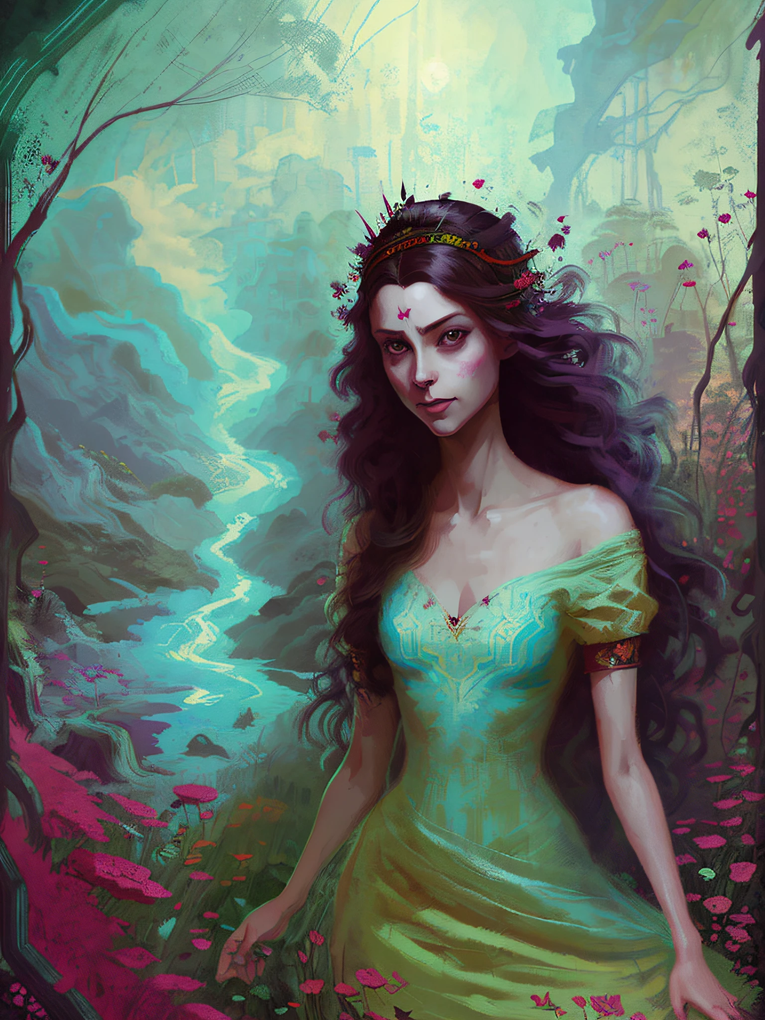a painting of a woman in a dress standing in a forest by a lake with flowers in her hair, Charlie Bowater, magic the gathering artwork, a detailed painting, fantasy art