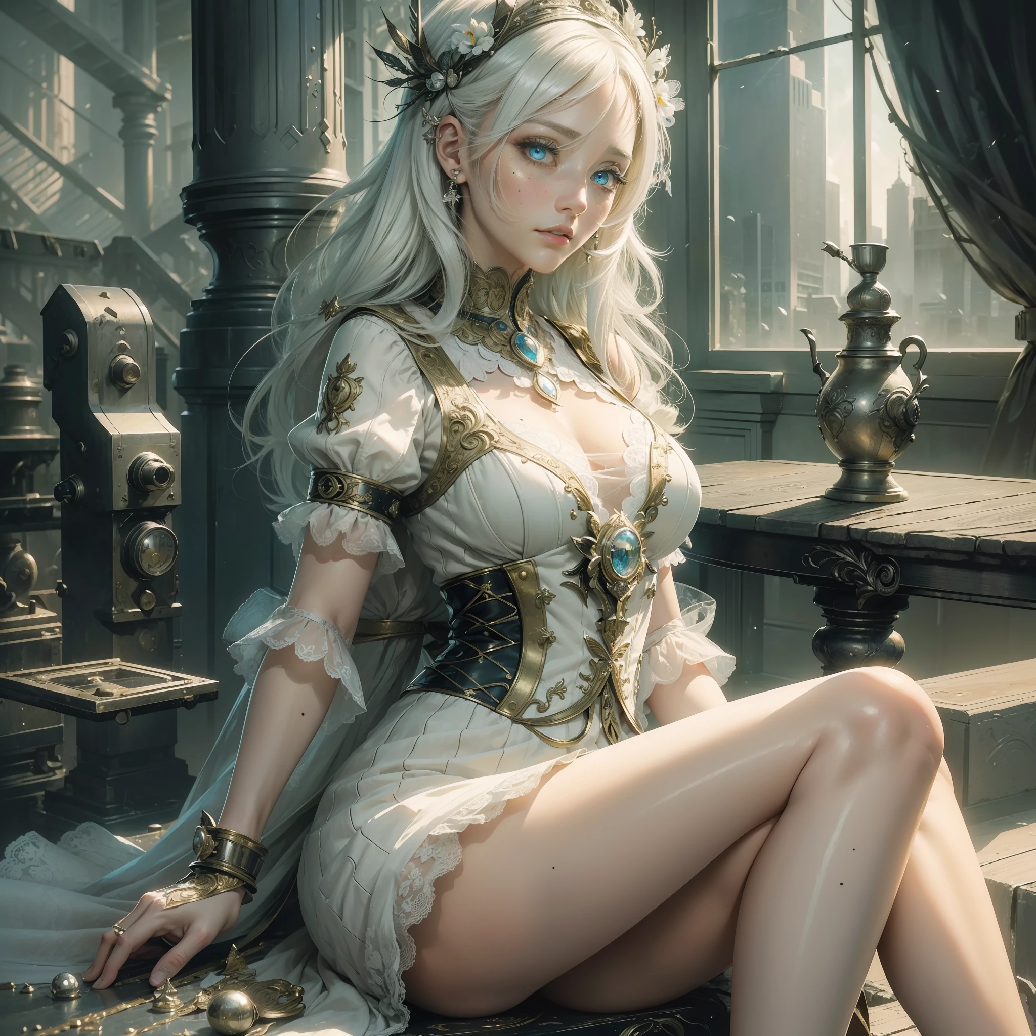 (((hyper detail)))), (ultra-realistic), (illustration), (high resolution), (8K), (very detailed), (best illustration), (beautiful detailed eyes), (best quality), (super detail), (masterpiece), (wallpaper), (detailed face), solo, one girl, aristocratic dress, white hair, iris heterochromatic eyes, small moles under the eyes, medium breasts, long legs