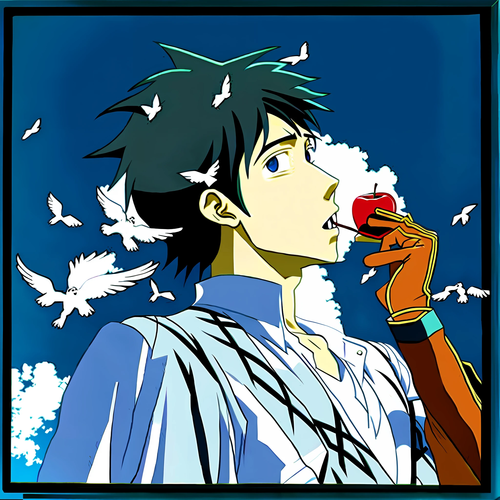 anime boy eating an apple with birds flying around him, inspired by Tetsugoro Yorozu, 2 d anime style, made with anime painter studio, inspired by Shinji Aramaki, shinji, painted in anime painter studio, anime artstyle, in anime style, in an anime style, anime boy, kentaro miura art style