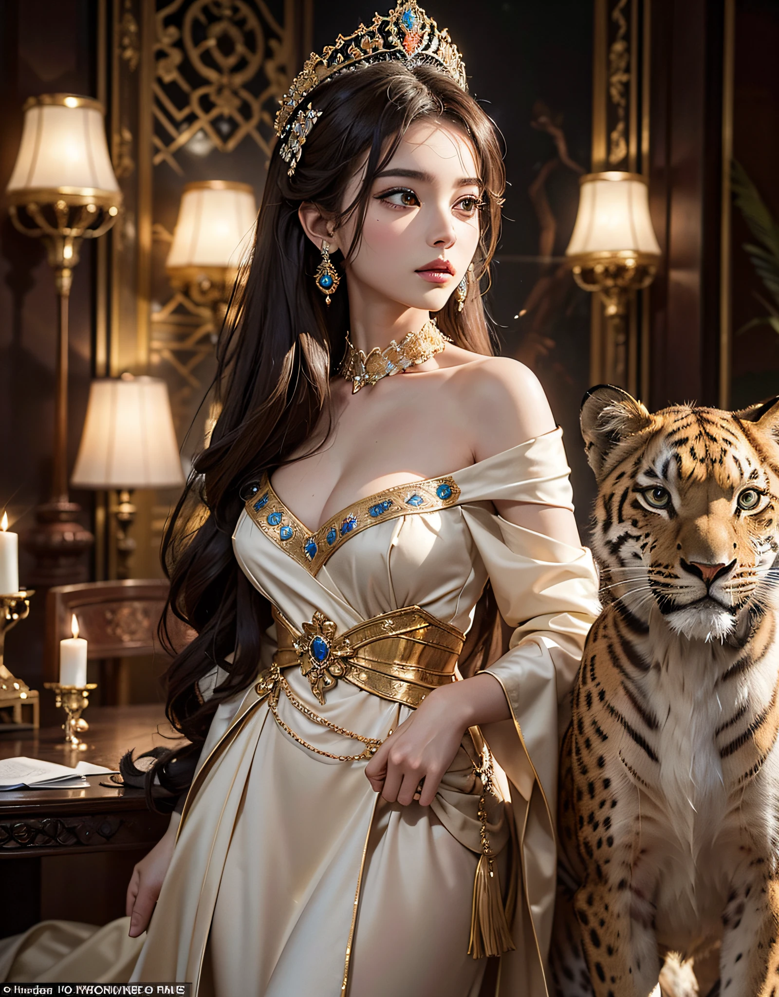 Content: A royal princess adorned in lavish attire, surrounded by fierce and majestic wild cats such as lions, panthers, leopards, and tigers
Medium: Studio photography with meticulous attention to detail and high-quality lighting techniques
Style: Fashion-forward and opulent, showcasing the intersection of regality and untamed beauty
Lighting: Intimate and dimmed lighting, creating an enchanting and alluring atmosphere
Composition: The princess is positioned at the center of the frame, exuding confidence and elegance, while the wild cats are strategically placed around her, capturing their power and grace. The intricate luxury interior enhances the sense of grandeur and sophistication. The overall composition evokes a sense of harmony between the princess and the wild beasts, highlighting their mutual respect and strength. The studio light accentuates the fine details of the princess's attire and the majestic features of the wild cats, creating a visually captivating and high-fashion aesthetic. This photography captures the essence of a powerful and captivating woman surrounded by untamed beauty.