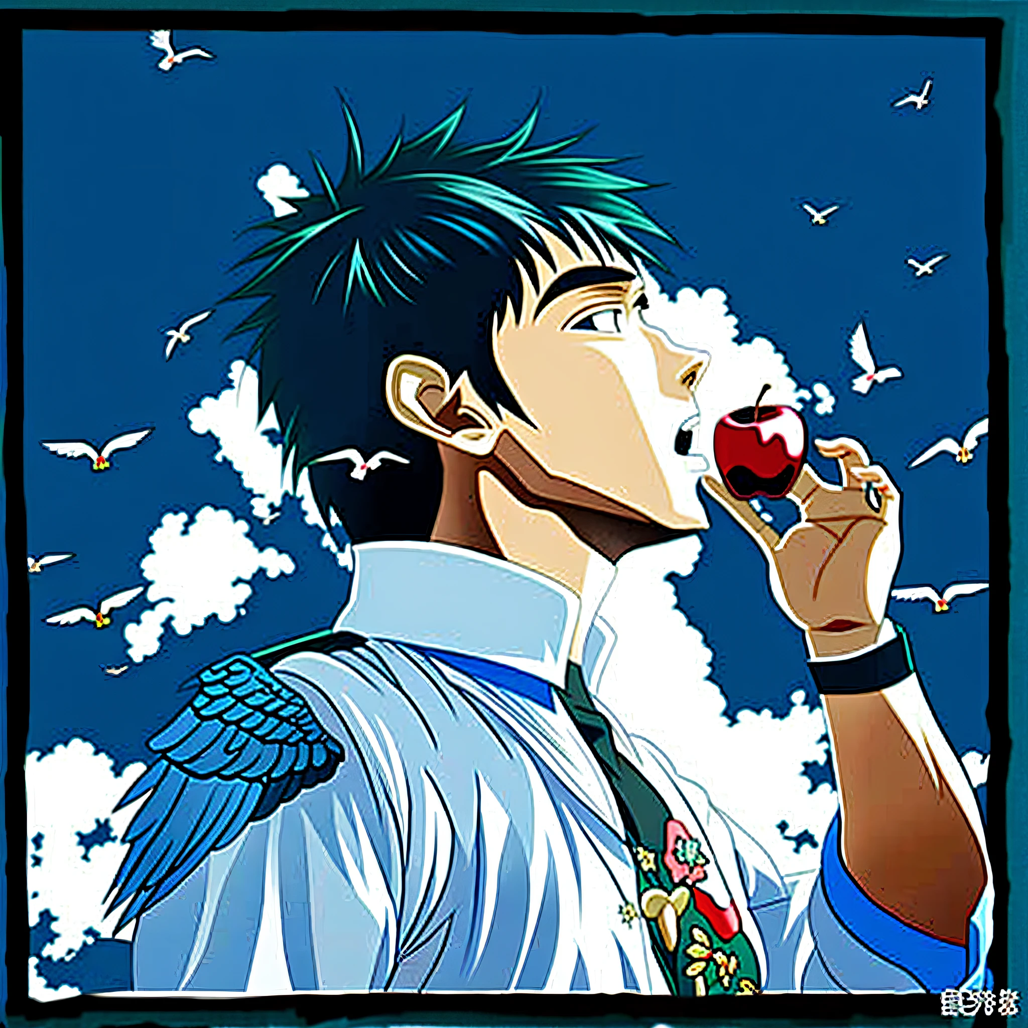 anime boy eating an apple with birds flying around him, inspired by Tetsugoro Yorozu, 2 d anime style, made with anime painter studio, inspired by Shinji Aramaki, shinji, painted in anime painter studio, anime artstyle, in anime style, in an anime style, anime boy, kentaro miura art style