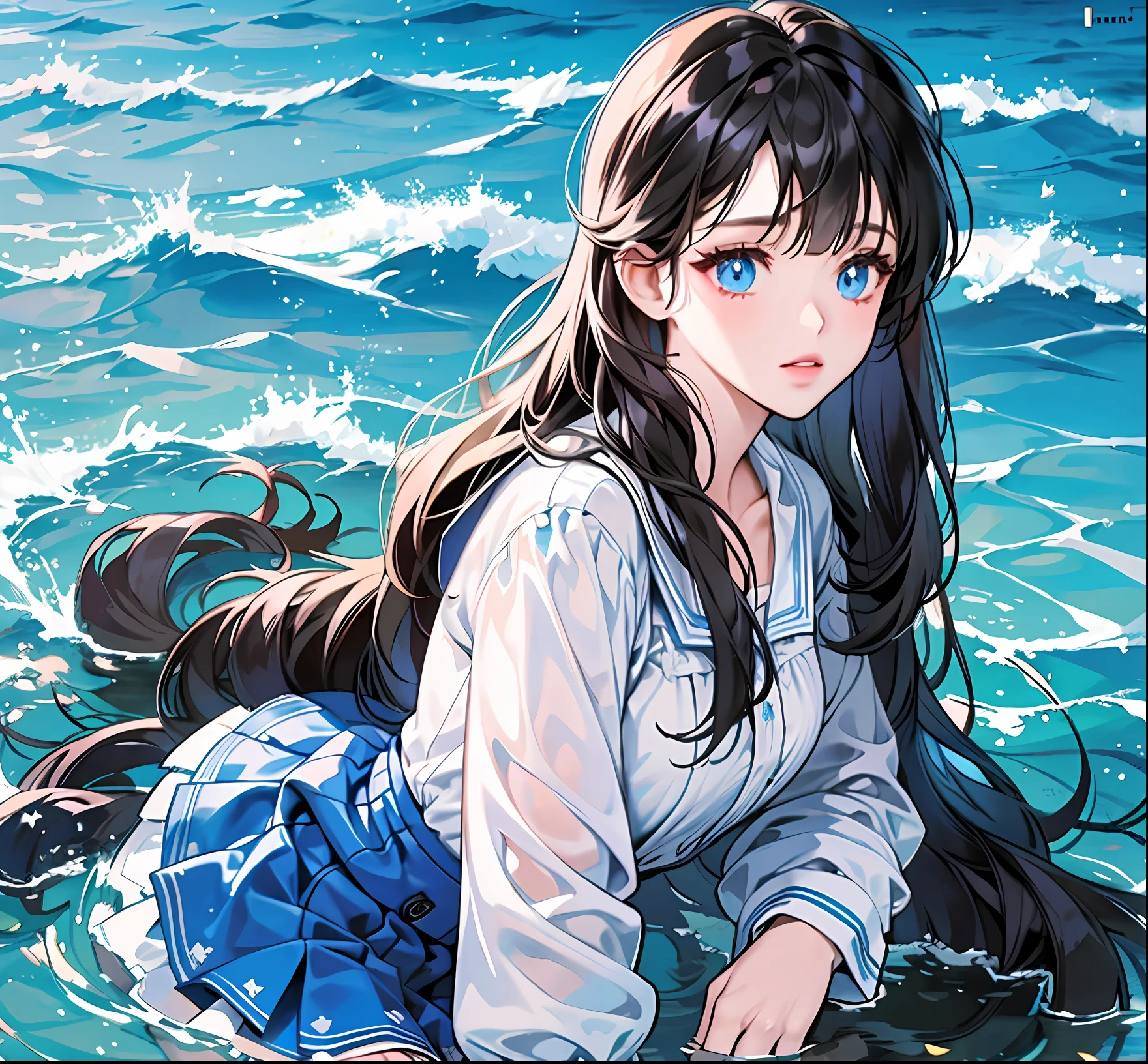 (High resolution, super detailed), 1girl, black hair, long hair, blunt bangs, blue eyes, short white skirt, fine eyes and detailed face, CG unity, 8k wallpaper, BREAK, looking at the lens, blue sea, azure water, sea and sky color, (aesthetic), dusk, visual feast, dream, light and shadow. ((eye focus))