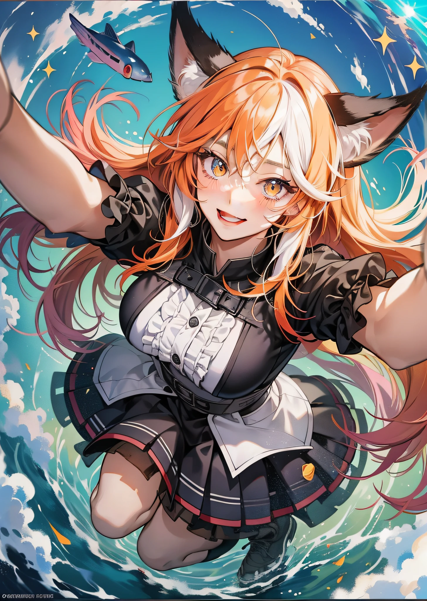 Full body image, hair shaking, cringe, long eyelashes, solid round eyes, fake animal ears, light smile, ear blush, multicolored hair, gradient hair, striped hair, gradient eyes, pupil sparkle, amber eyes, surrealism, shadow, relief, diorama map, tachi-e, pov, atmospheric perspective, partially underwater shot, from above, satellite image, anime, bauhaus, 8k, super detail, ccurate, best quality, super detail, 4K